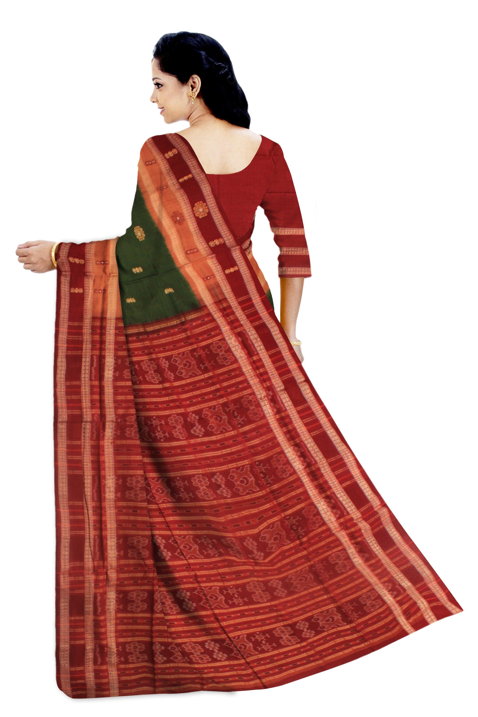 MEHENDI AND MAROON COLOR BANDHA DESIGN COTTON SAREE, WITH BLOUSE PIECE. - Koshali Arts & Crafts Enterprise