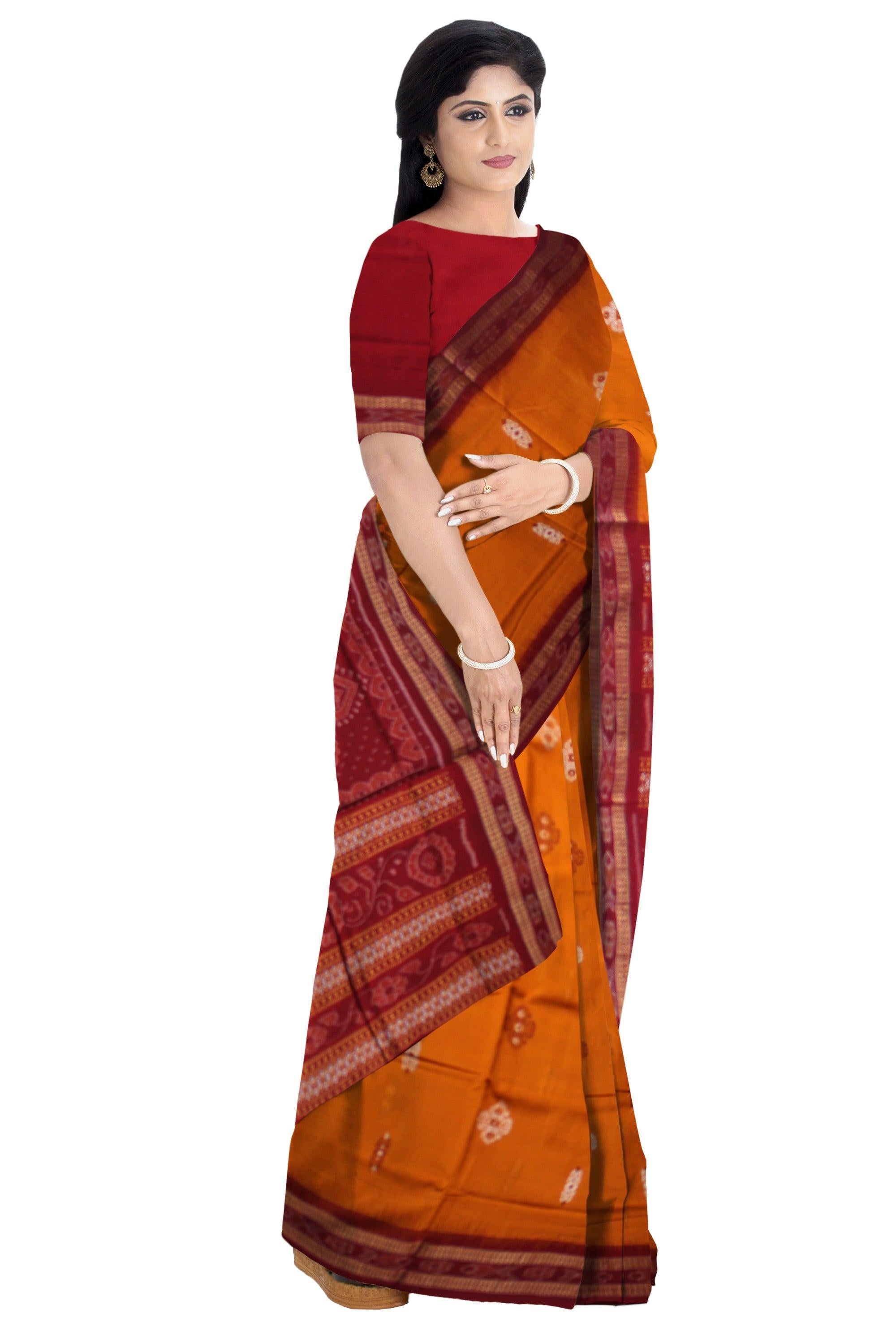 DARK YELLOW  AND MAROON COLOR BOMKEI PATTERN COTTON SAREE , BLOUSE PIECE. - Koshali Arts & Crafts Enterprise