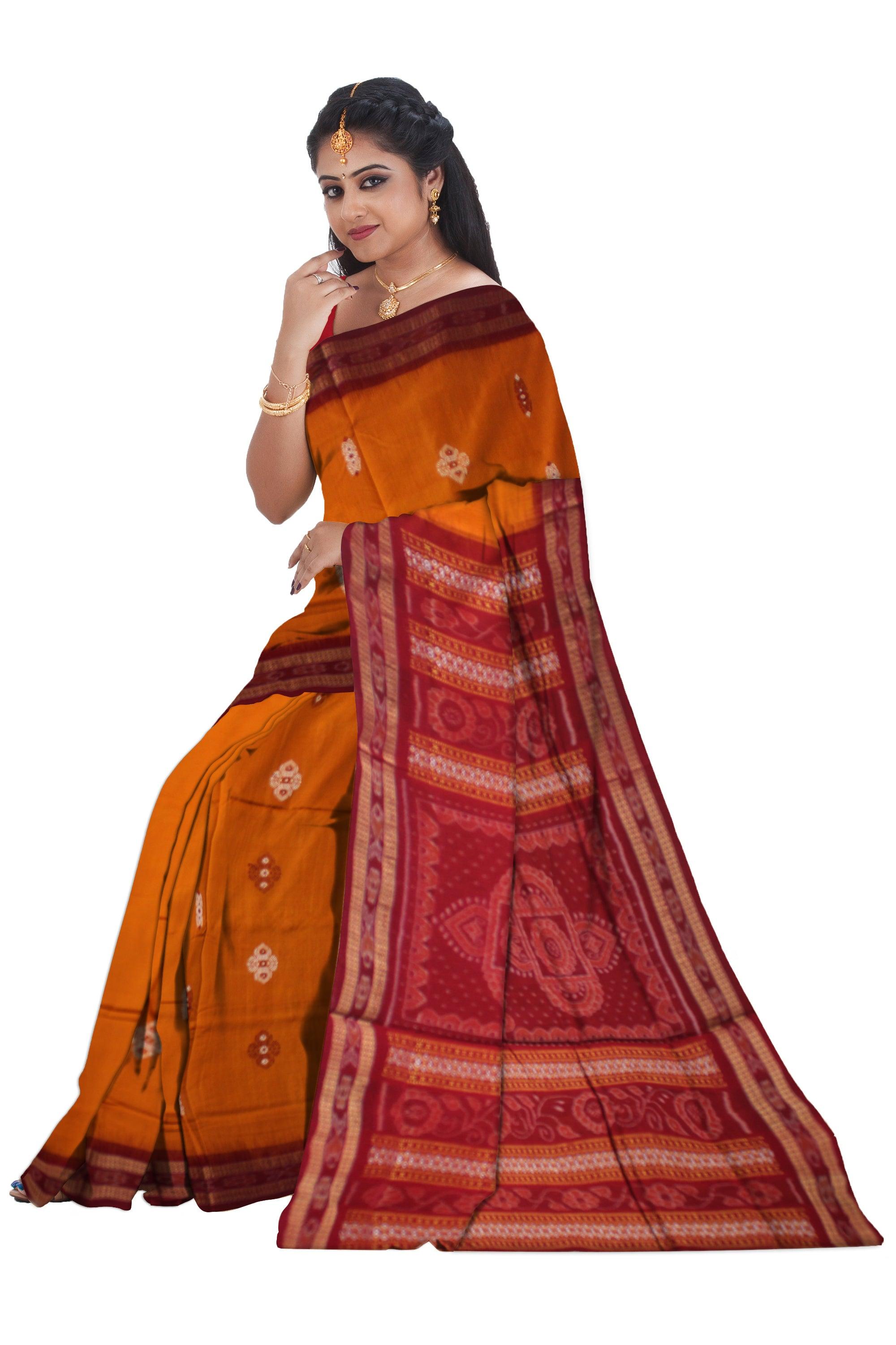 DARK YELLOW  AND MAROON COLOR BOMKEI PATTERN COTTON SAREE , BLOUSE PIECE. - Koshali Arts & Crafts Enterprise