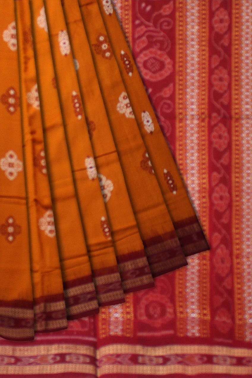 DARK YELLOW  AND MAROON COLOR BOMKEI PATTERN COTTON SAREE , BLOUSE PIECE. - Koshali Arts & Crafts Enterprise