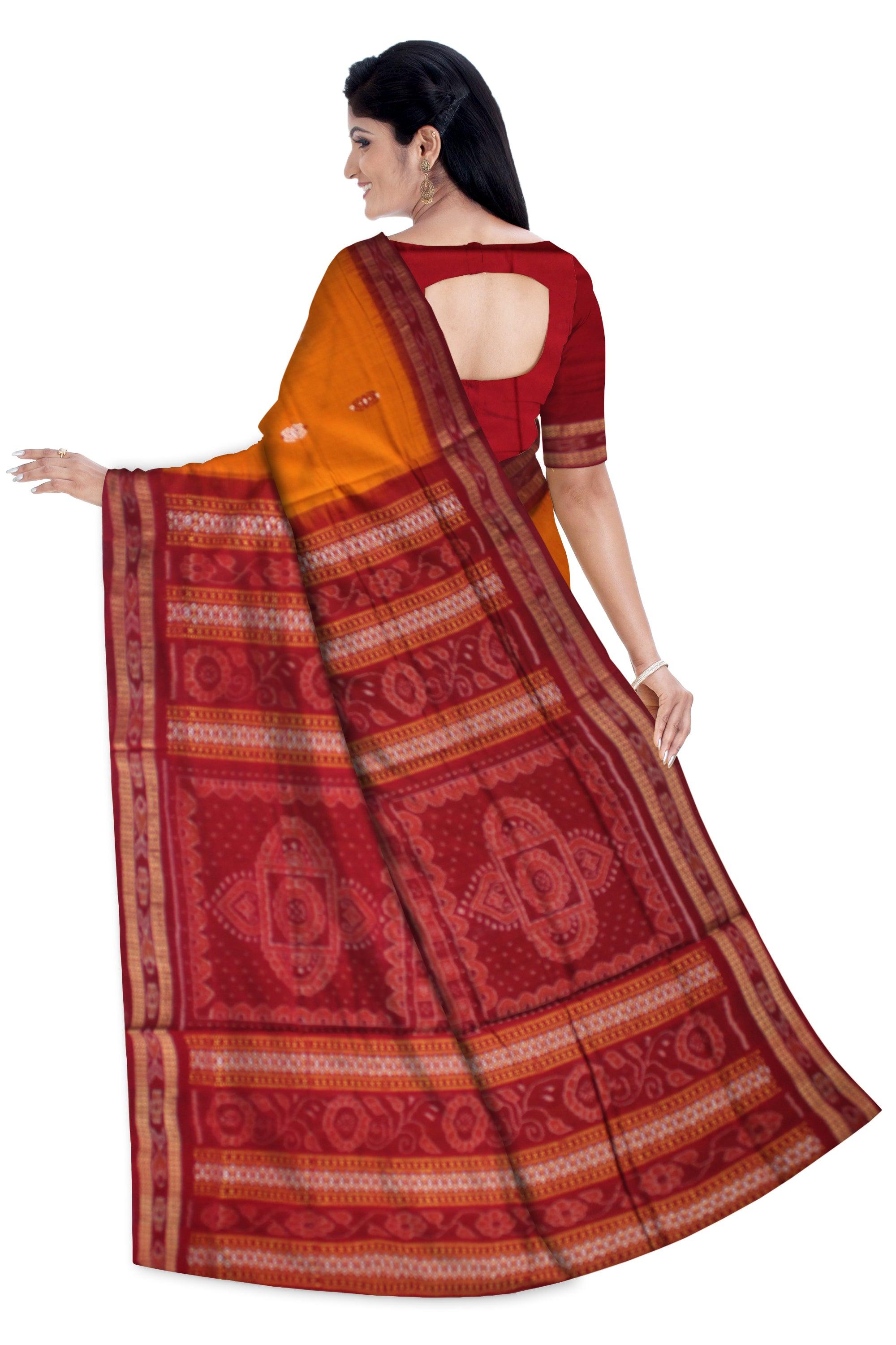 DARK YELLOW  AND MAROON COLOR BOMKEI PATTERN COTTON SAREE , BLOUSE PIECE. - Koshali Arts & Crafts Enterprise