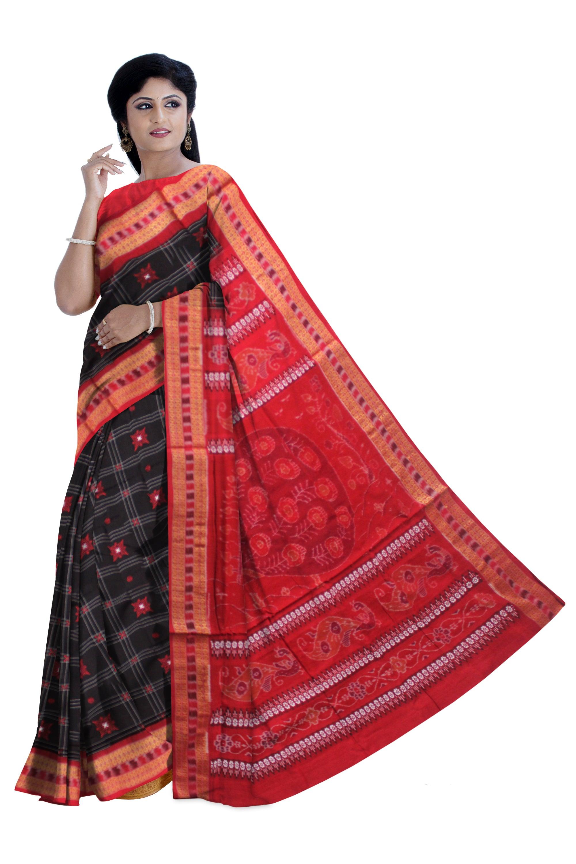 NEW DESIGN  BOMKEI PATTERN COTTON SAREE IN   MODERN BLACK AND RED  COLOR BASE, ATTACHED WITH  BLOUSE PIECE. - Koshali Arts & Crafts Enterprise