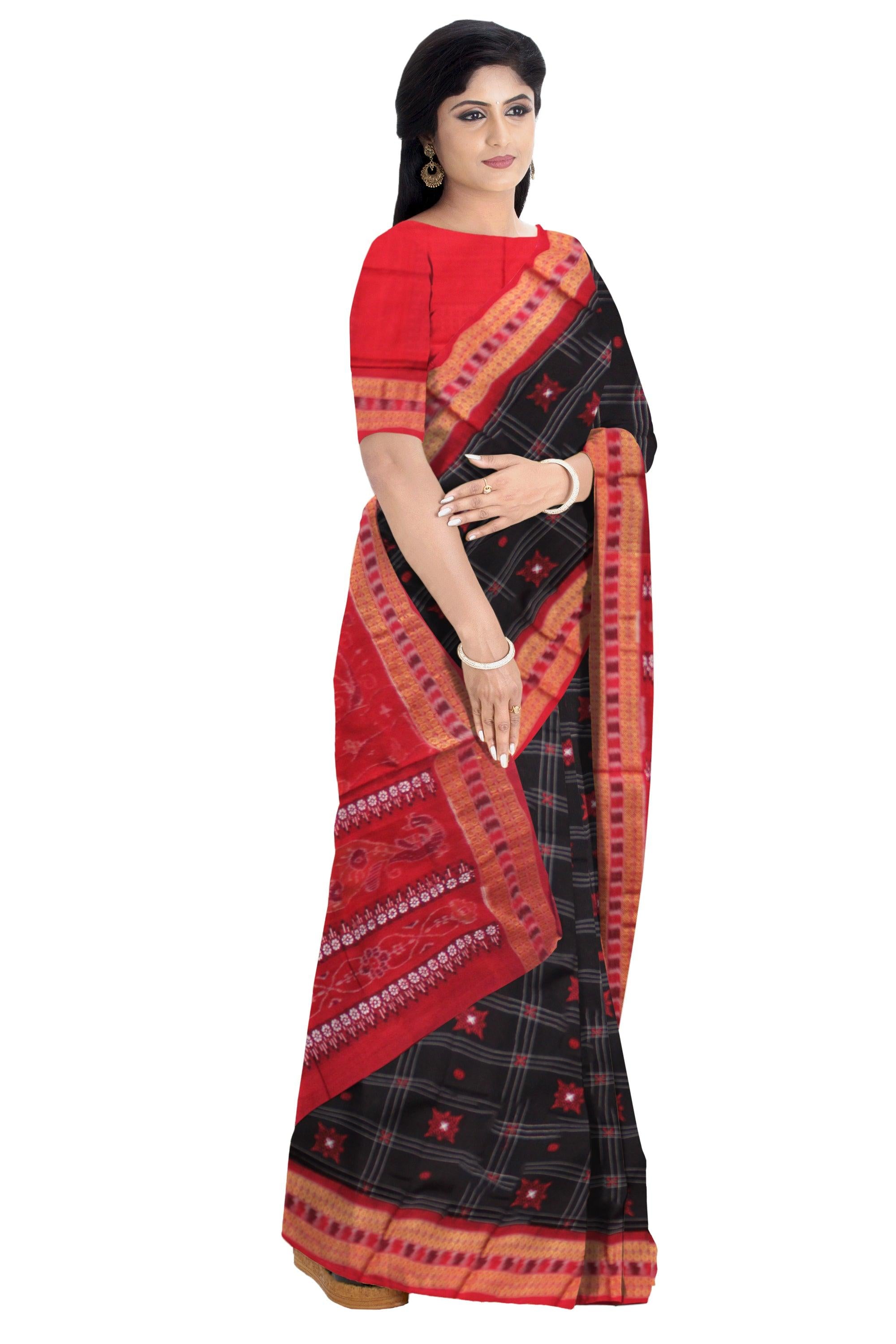 NEW DESIGN  BOMKEI PATTERN COTTON SAREE IN   MODERN BLACK AND RED  COLOR BASE, ATTACHED WITH  BLOUSE PIECE. - Koshali Arts & Crafts Enterprise