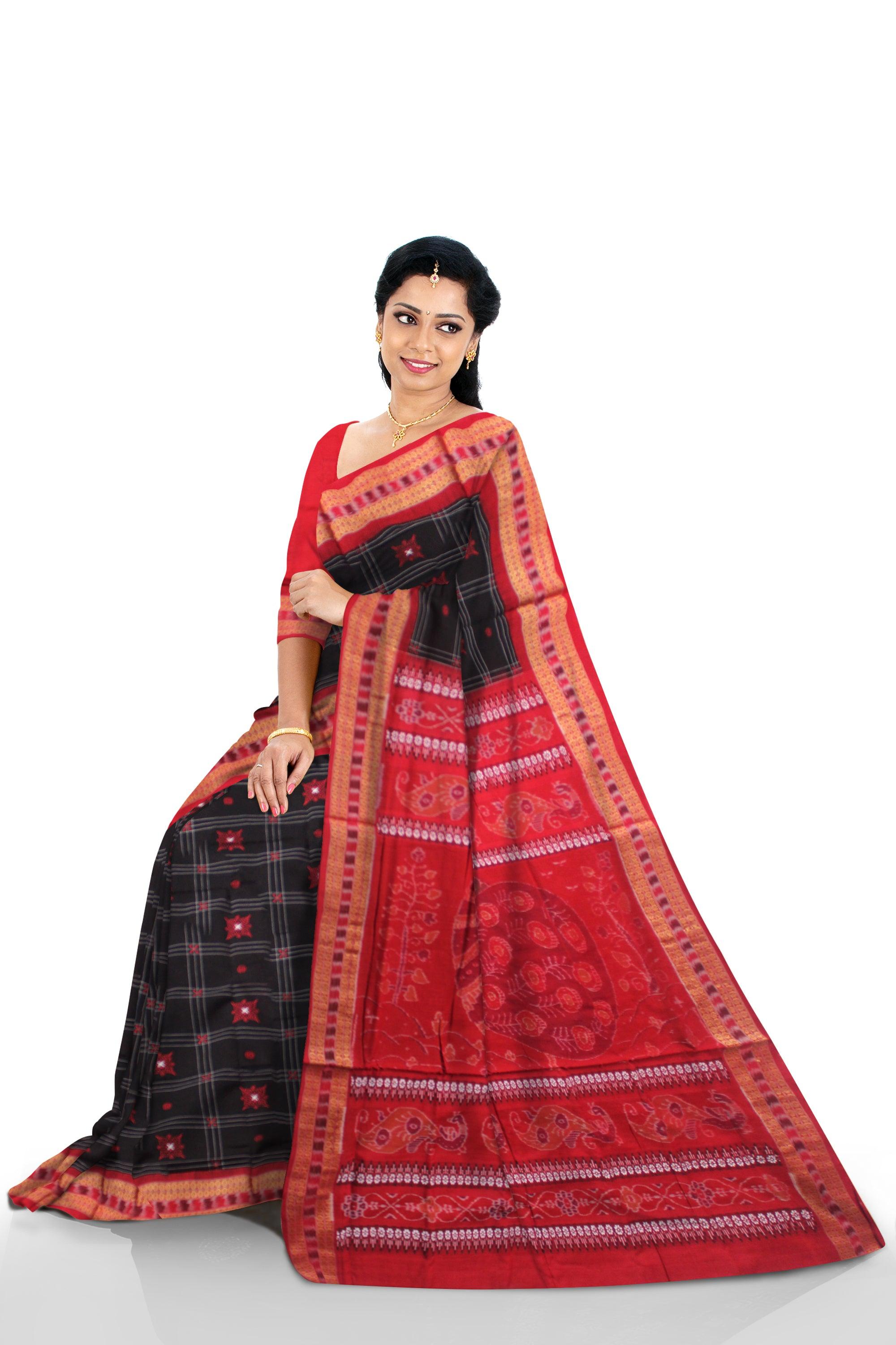 NEW DESIGN  BOMKEI PATTERN COTTON SAREE IN   MODERN BLACK AND RED  COLOR BASE, ATTACHED WITH  BLOUSE PIECE. - Koshali Arts & Crafts Enterprise