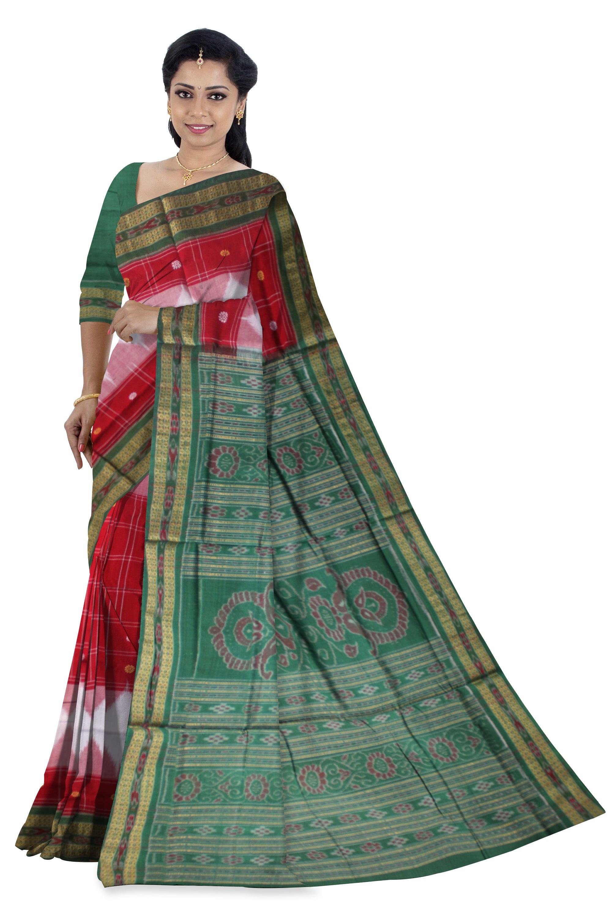 RED AND GREEN COLOR  LATEST DESIGN COTTON SAREE , WITH BLOUSE PIECE. - Koshali Arts & Crafts Enterprise