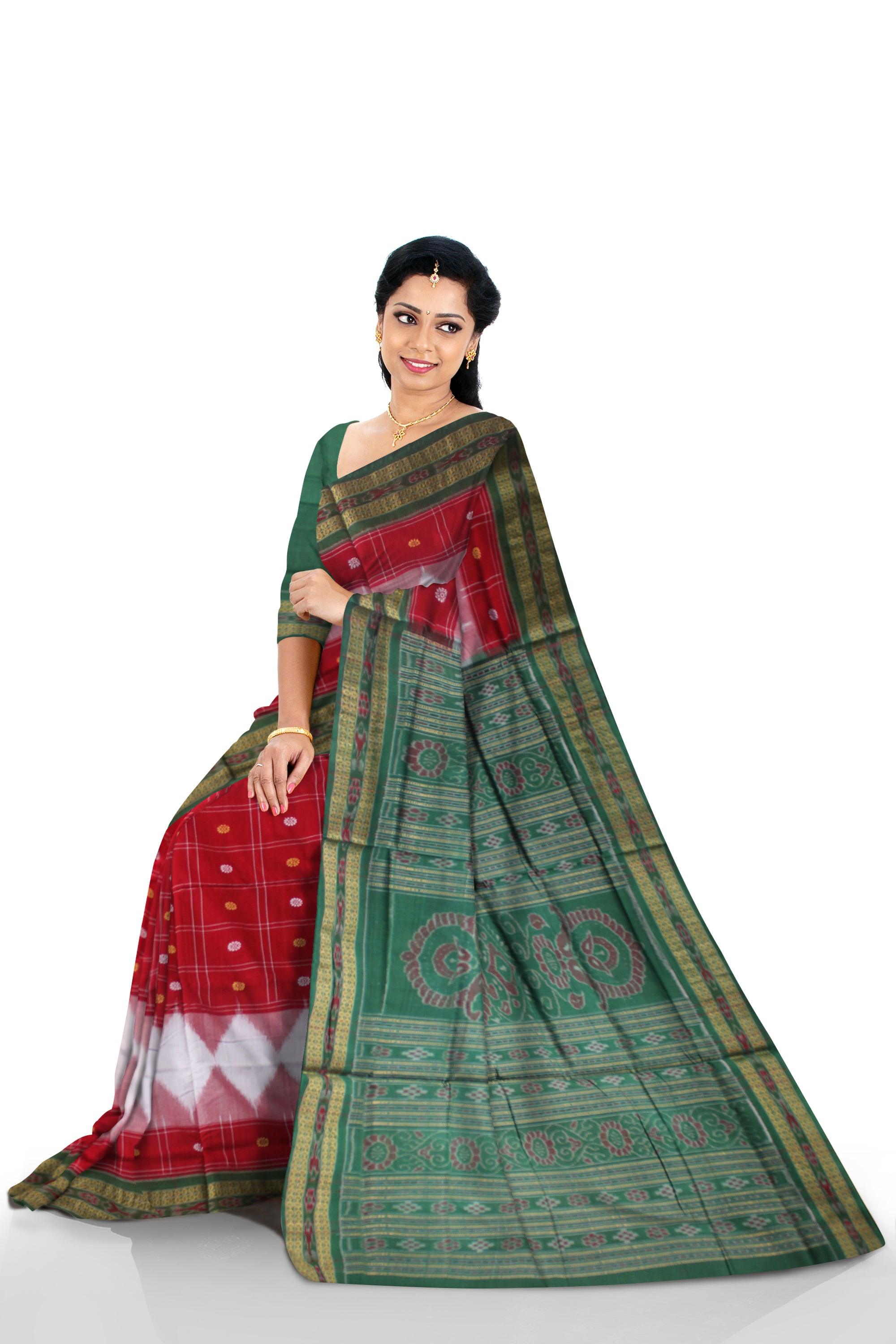 RED AND GREEN COLOR  LATEST DESIGN COTTON SAREE , WITH BLOUSE PIECE. - Koshali Arts & Crafts Enterprise