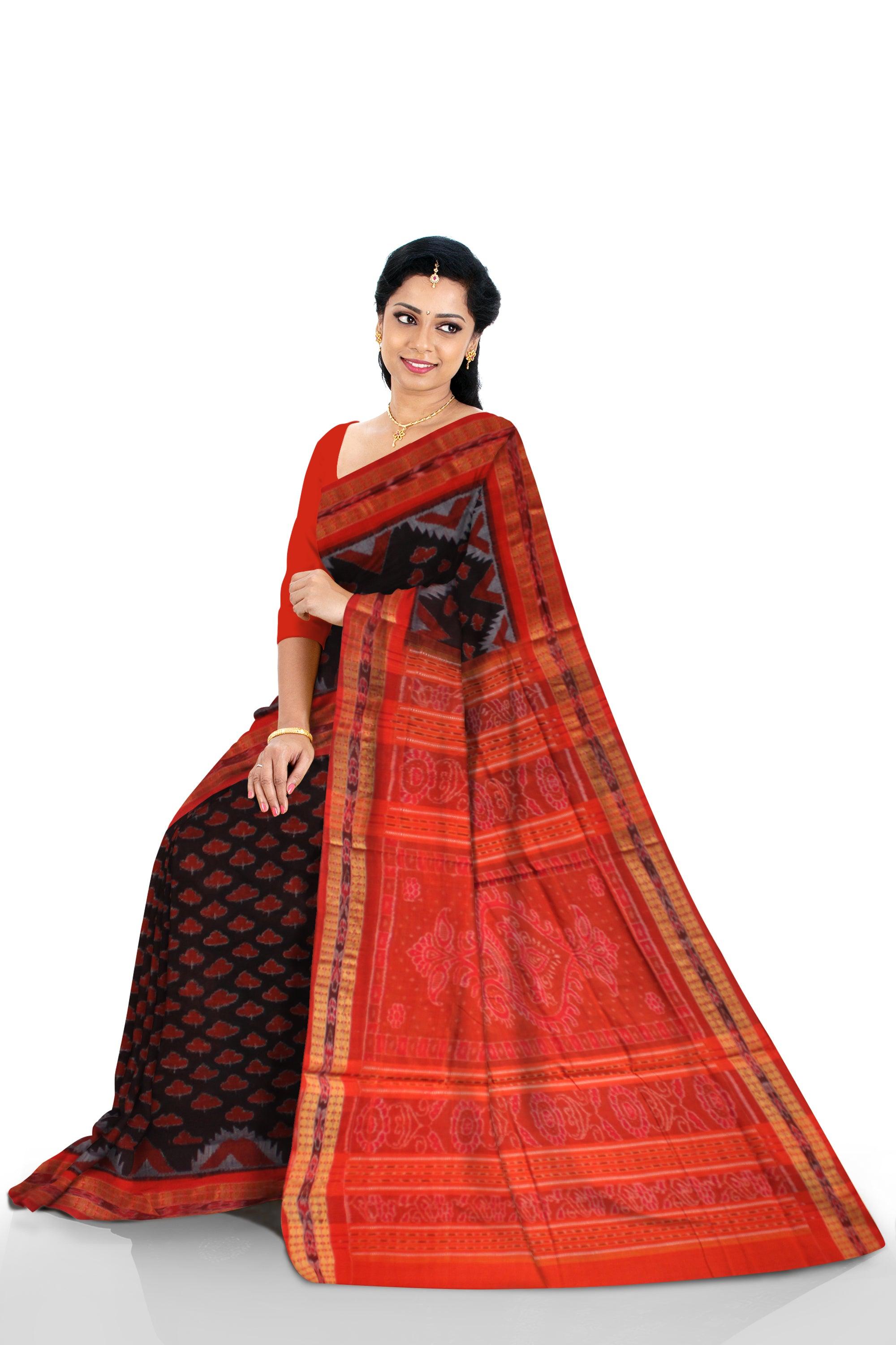 SMALL LIP AND KUMBHA PATTERN PURE COTTON SAREE IN BLACK AND RED COLOR,  WITH OUT BLOUSE PIECE. - Koshali Arts & Crafts Enterprise