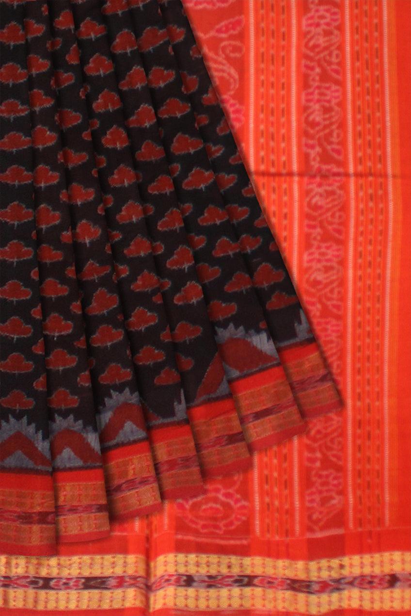 SMALL LIP AND KUMBHA PATTERN PURE COTTON SAREE IN BLACK AND RED COLOR,  WITH OUT BLOUSE PIECE. - Koshali Arts & Crafts Enterprise