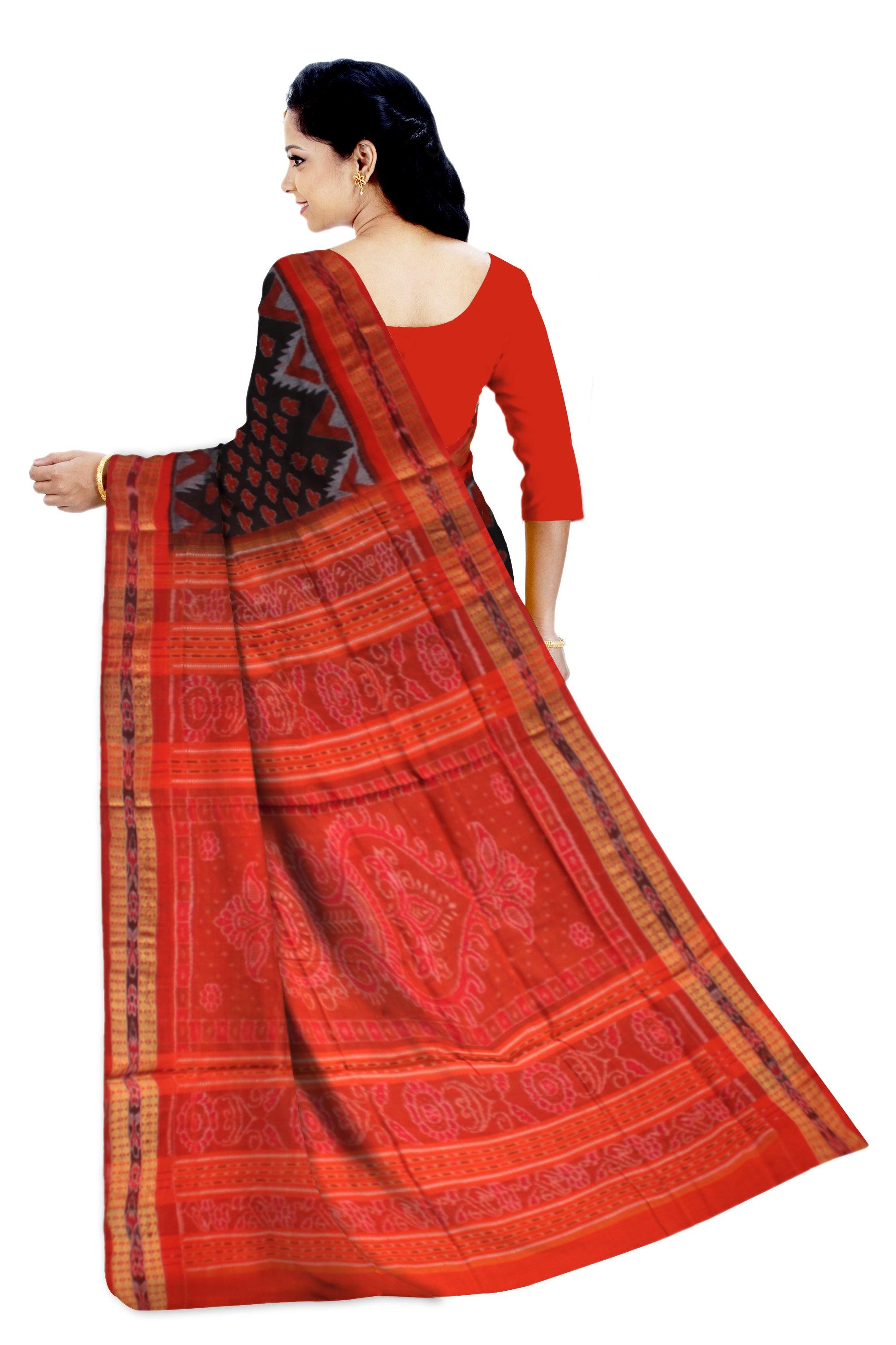 SMALL LIP AND KUMBHA PATTERN PURE COTTON SAREE IN BLACK AND RED COLOR,  WITH OUT BLOUSE PIECE. - Koshali Arts & Crafts Enterprise