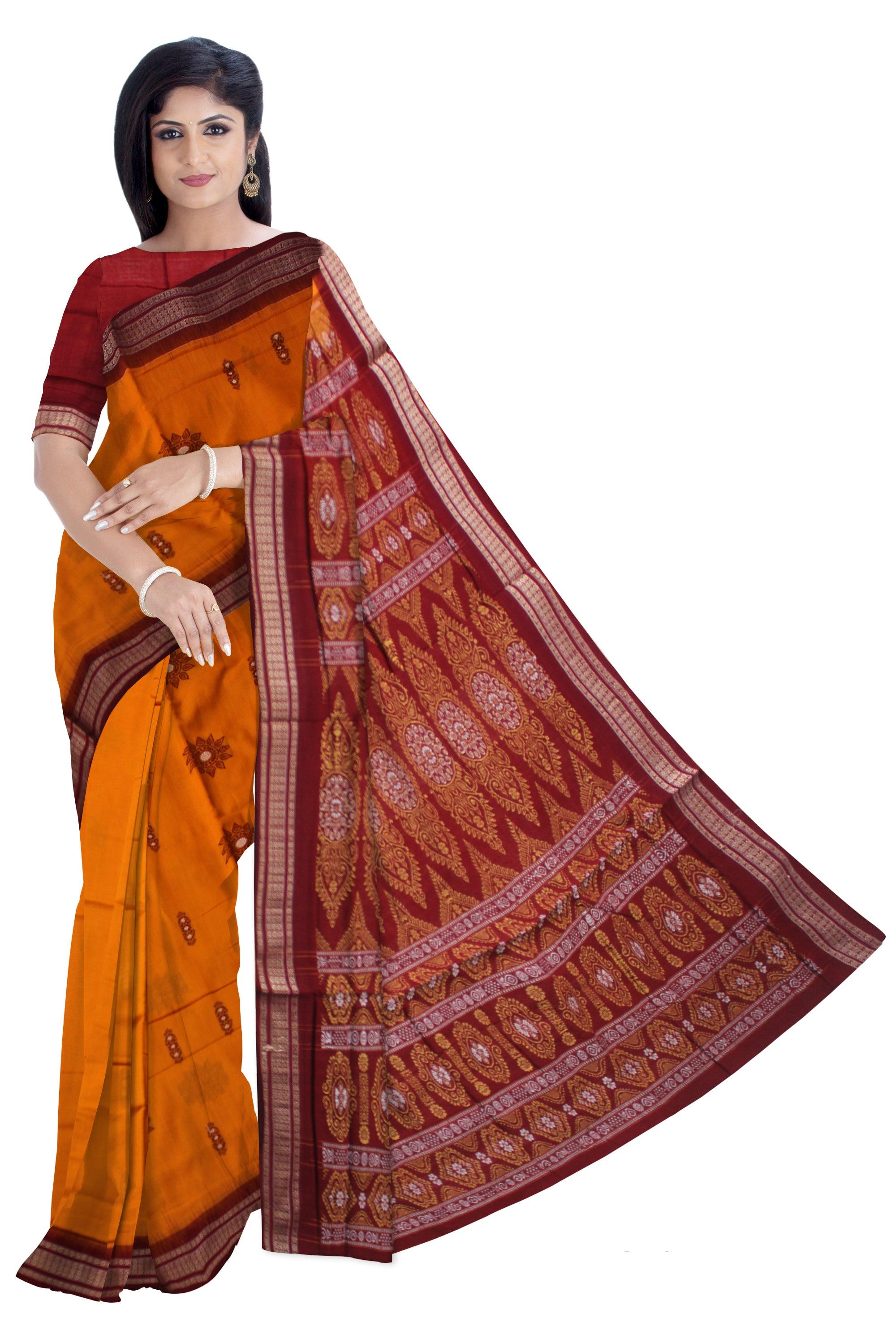 COTTON HANDLOOM BOMKEI  PATTERN SAREE IN YELOOW AND MAROON COLOR, WITH BLOUSE PIECE. - Koshali Arts & Crafts Enterprise