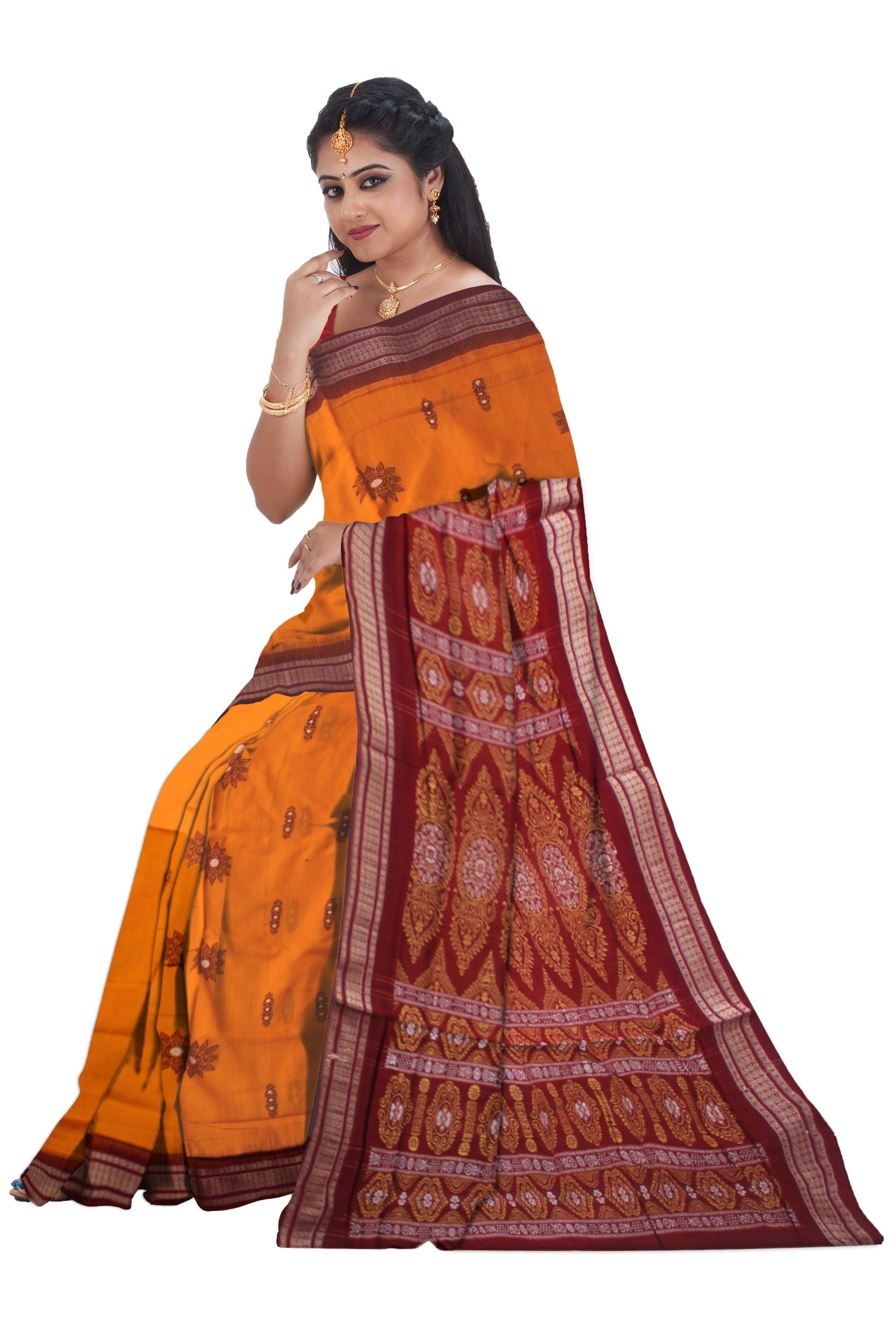 COTTON HANDLOOM BOMKEI  PATTERN SAREE IN YELOOW AND MAROON COLOR, WITH BLOUSE PIECE. - Koshali Arts & Crafts Enterprise