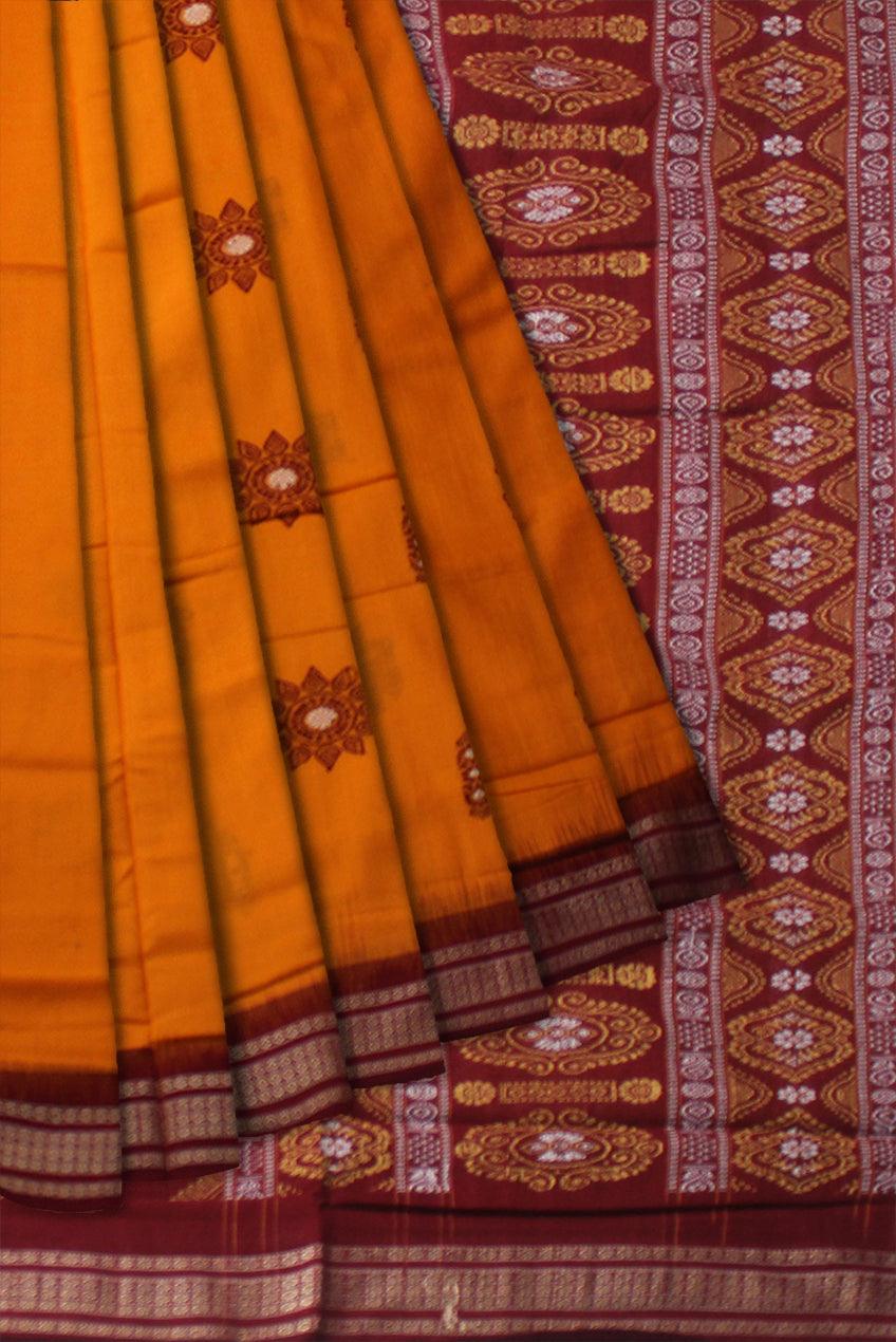 COTTON HANDLOOM BOMKEI  PATTERN SAREE IN YELOOW AND MAROON COLOR, WITH BLOUSE PIECE. - Koshali Arts & Crafts Enterprise