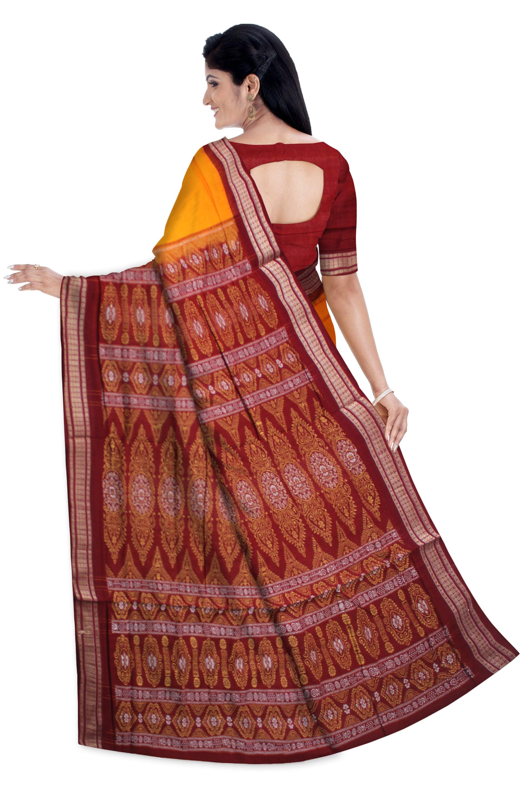 COTTON HANDLOOM BOMKEI  PATTERN SAREE IN YELOOW AND MAROON COLOR, WITH BLOUSE PIECE. - Koshali Arts & Crafts Enterprise