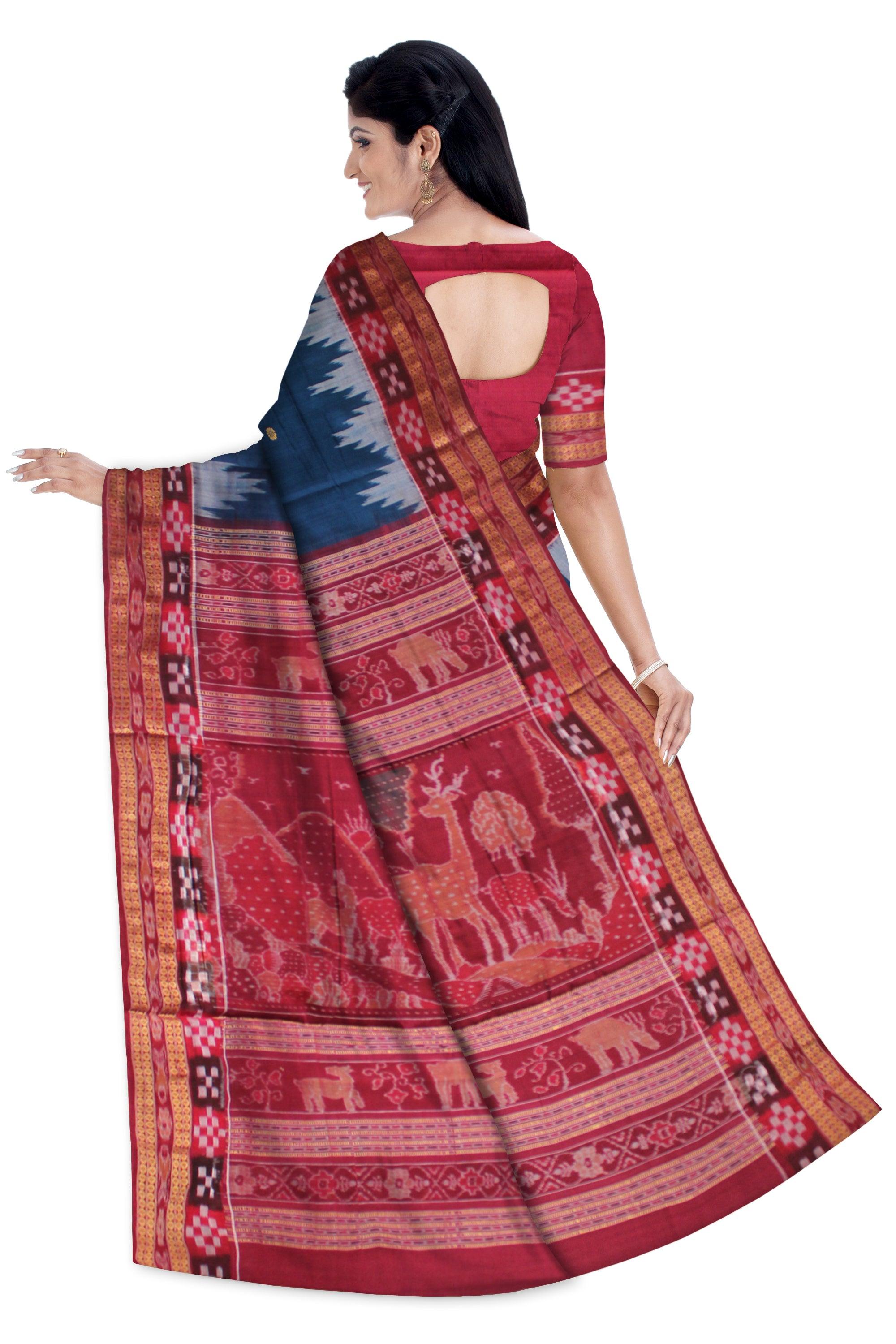 A SAMBALPURI COTTON SAREE IN LIGHT BLUE AND MAROON COLOR DHADISAPTA DESIGN,WITH BLOUSE PIECE. - Koshali Arts & Crafts Enterprise