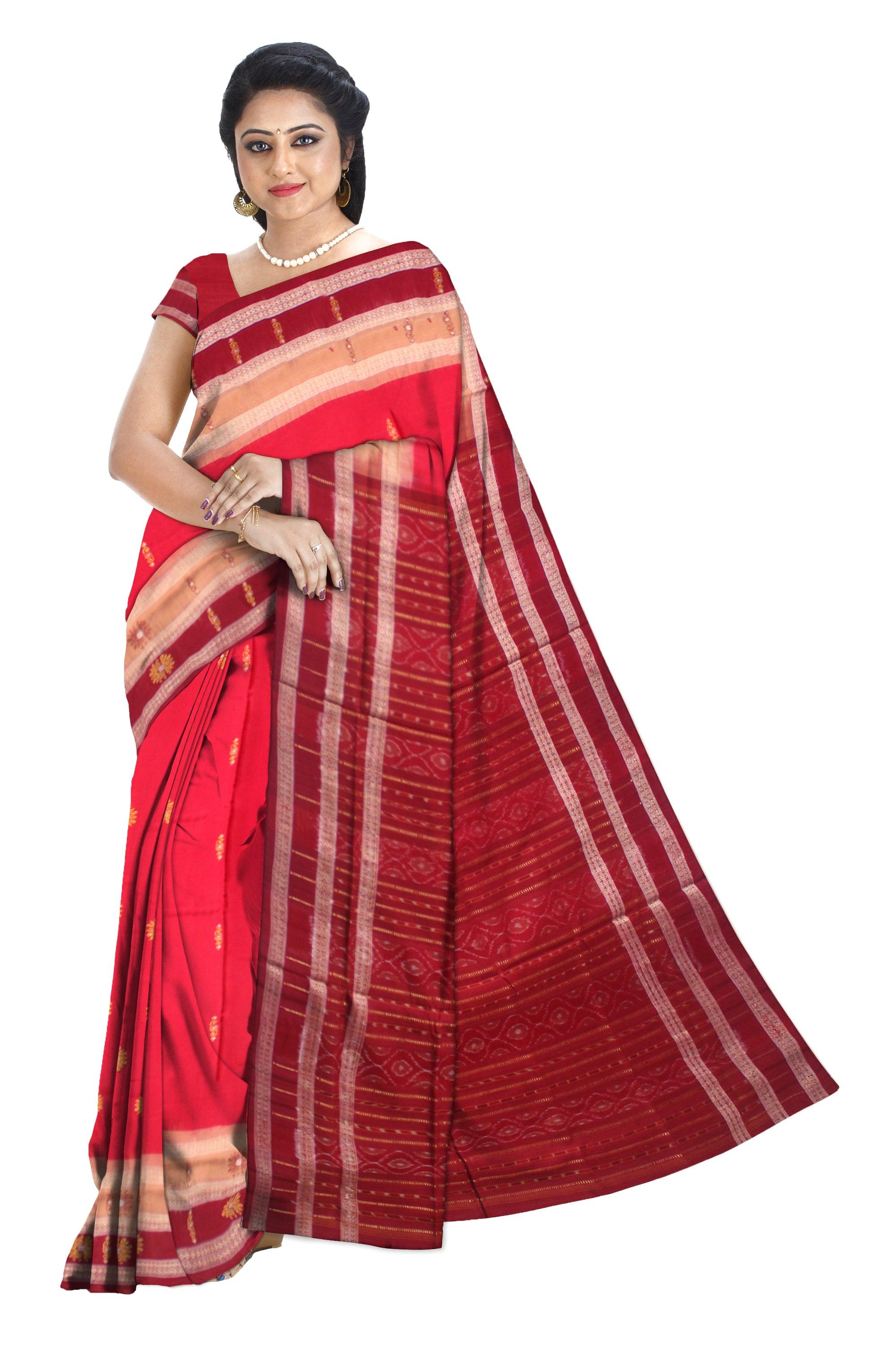 A SAMBALPURI BOOTY WORK BOMKEI COTTON SAREE IN RED AND MAROON COLOR BODY WITH BLOUSE PIECE. - Koshali Arts & Crafts Enterprise