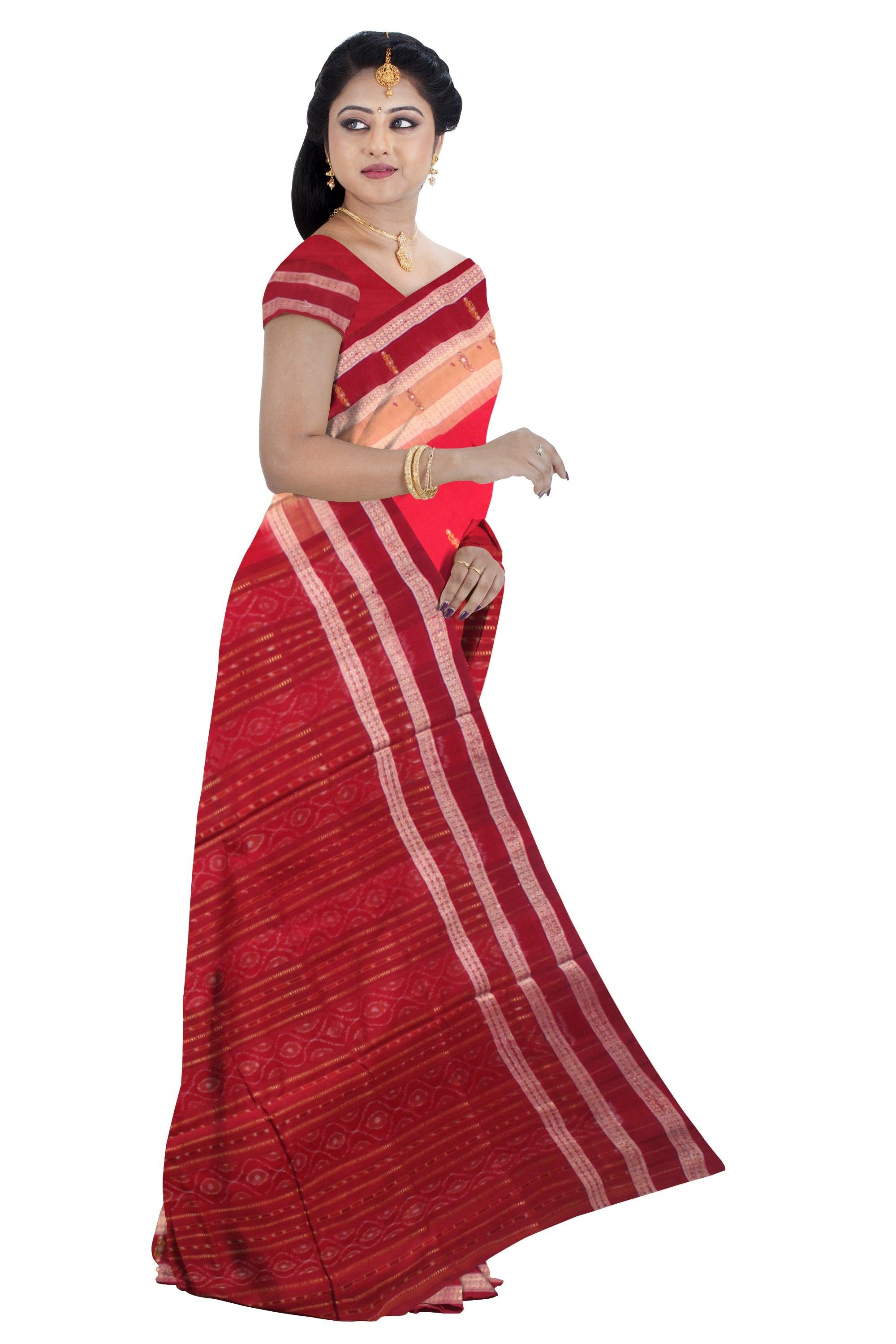 A SAMBALPURI BOOTY WORK BOMKEI COTTON SAREE IN RED AND MAROON COLOR BODY WITH BLOUSE PIECE. - Koshali Arts & Crafts Enterprise