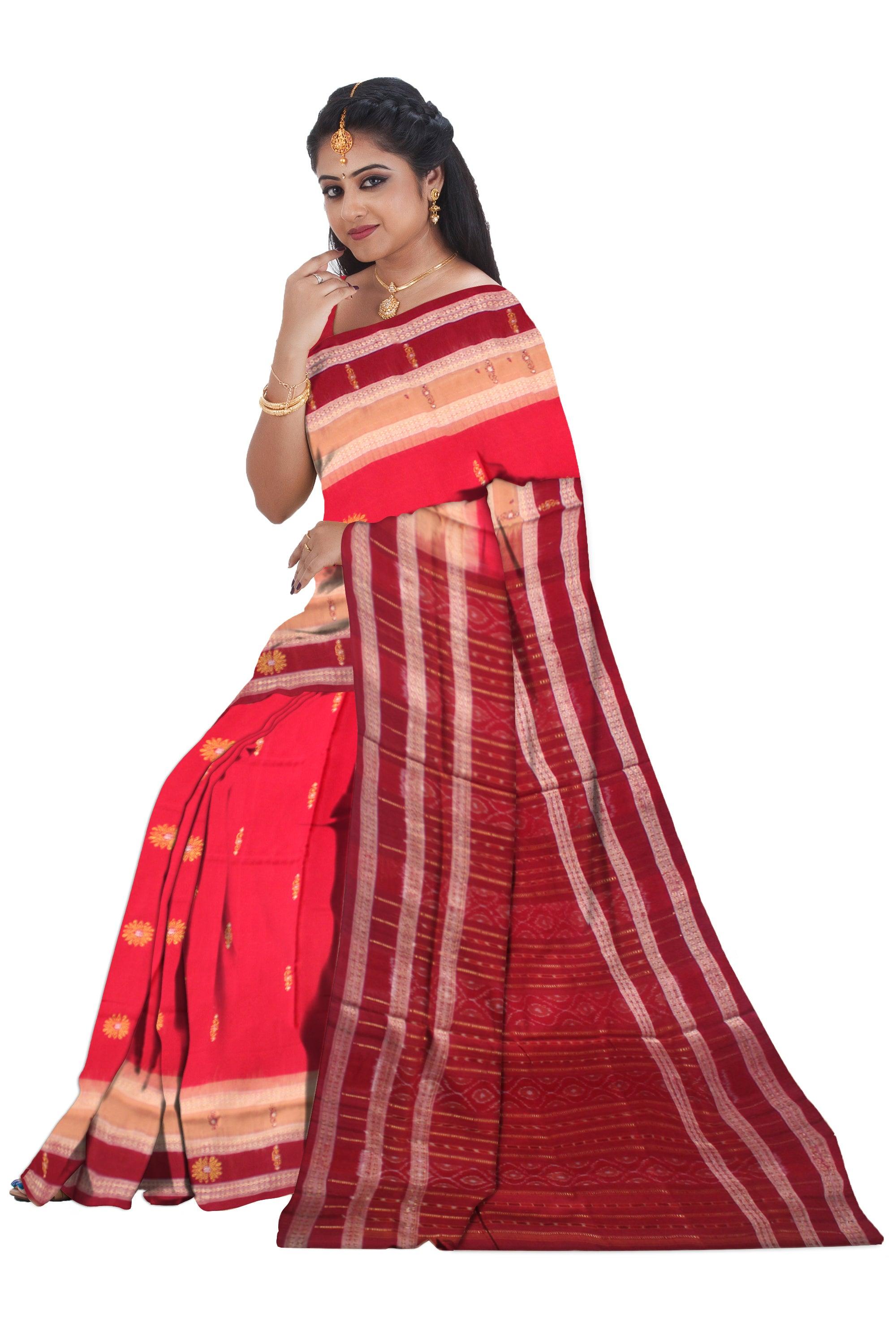 A SAMBALPURI BOOTY WORK BOMKEI COTTON SAREE IN RED AND MAROON COLOR BODY WITH BLOUSE PIECE. - Koshali Arts & Crafts Enterprise