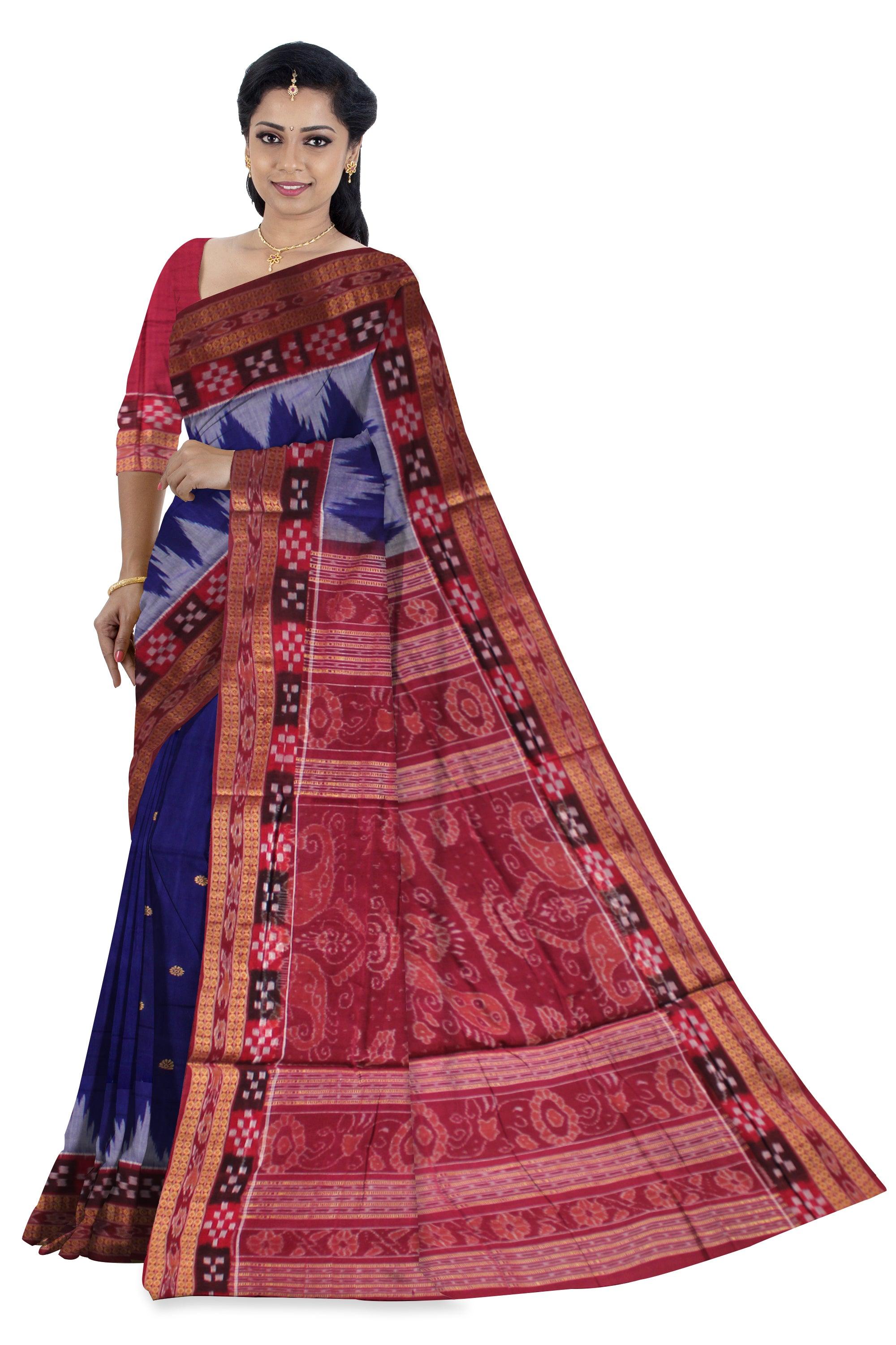 A SAMBALPURI COTTON SAREE IN DEEP BLUE AND MAROON COLOR DHADISAPTA DESIGN,WITH BLOUSE PIECE. - Koshali Arts & Crafts Enterprise