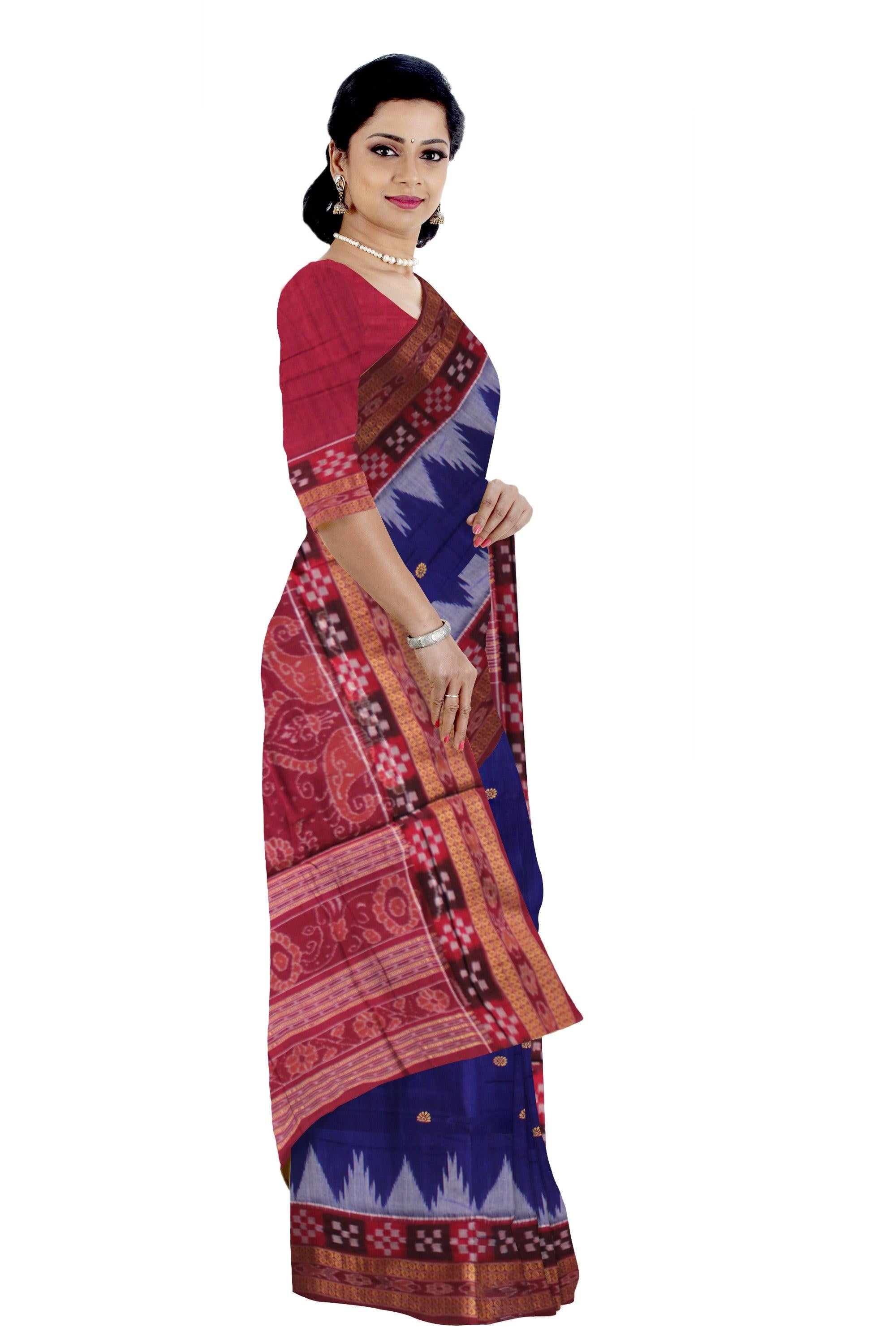 A SAMBALPURI COTTON SAREE IN DEEP BLUE AND MAROON COLOR DHADISAPTA DESIGN,WITH BLOUSE PIECE. - Koshali Arts & Crafts Enterprise