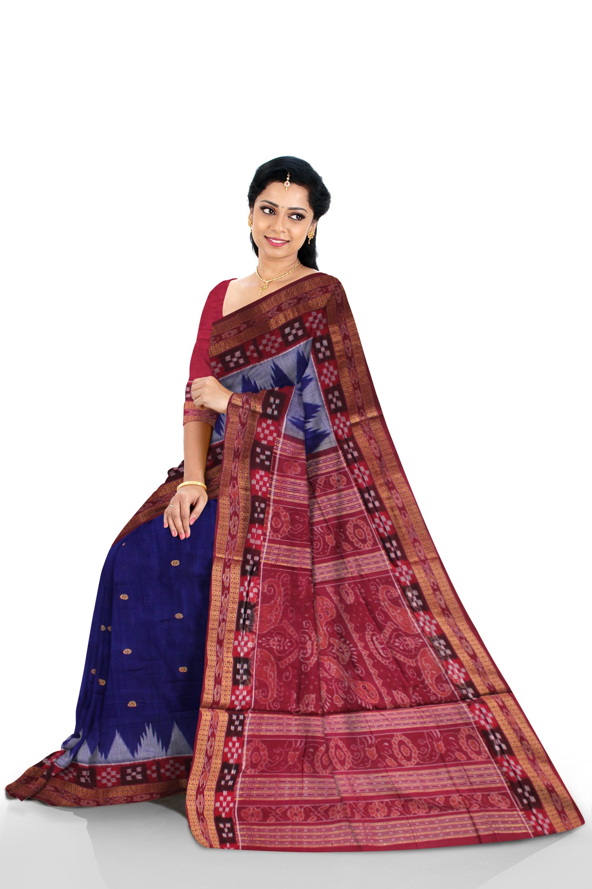 A SAMBALPURI COTTON SAREE IN DEEP BLUE AND MAROON COLOR DHADISAPTA DESIGN,WITH BLOUSE PIECE. - Koshali Arts & Crafts Enterprise