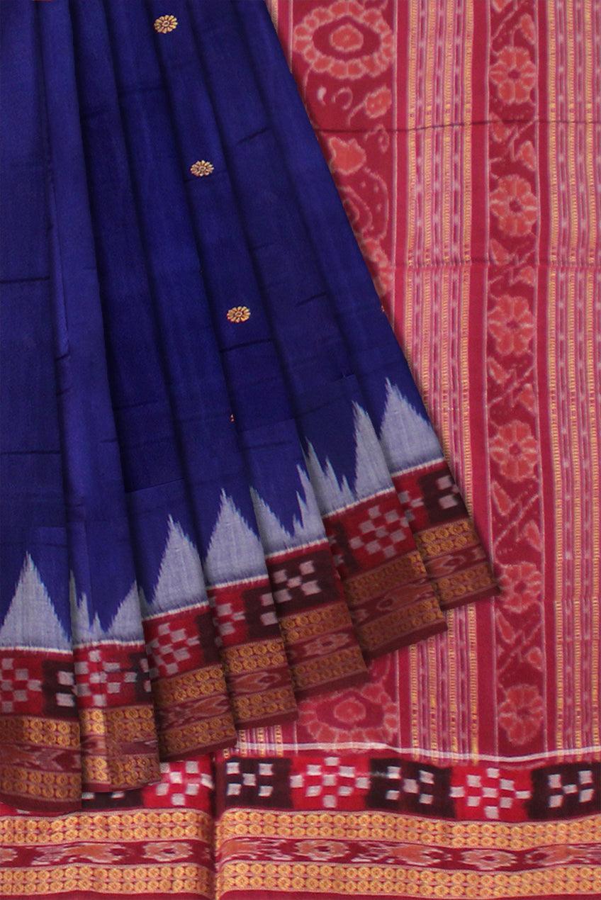 A SAMBALPURI COTTON SAREE IN DEEP BLUE AND MAROON COLOR DHADISAPTA DESIGN,WITH BLOUSE PIECE. - Koshali Arts & Crafts Enterprise