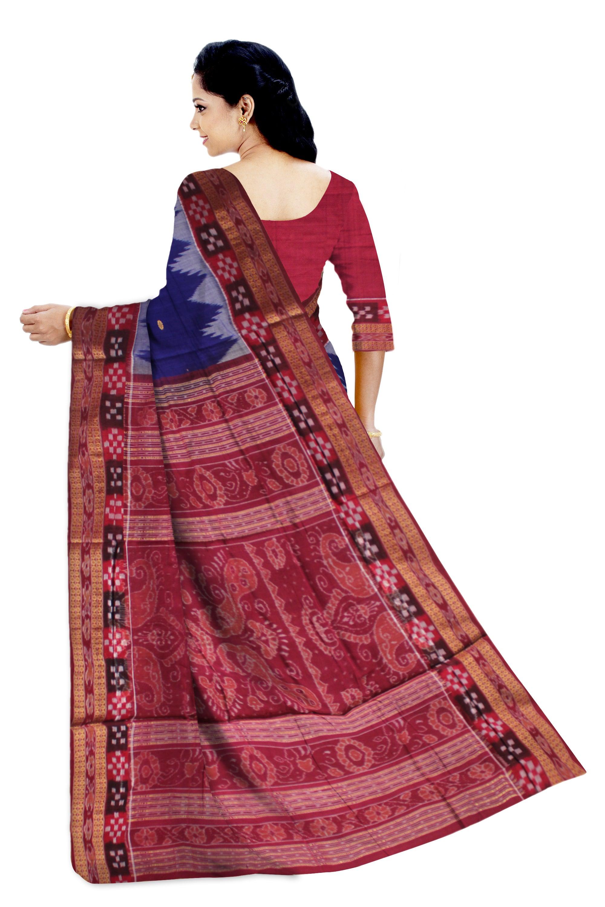 A SAMBALPURI COTTON SAREE IN DEEP BLUE AND MAROON COLOR DHADISAPTA DESIGN,WITH BLOUSE PIECE. - Koshali Arts & Crafts Enterprise