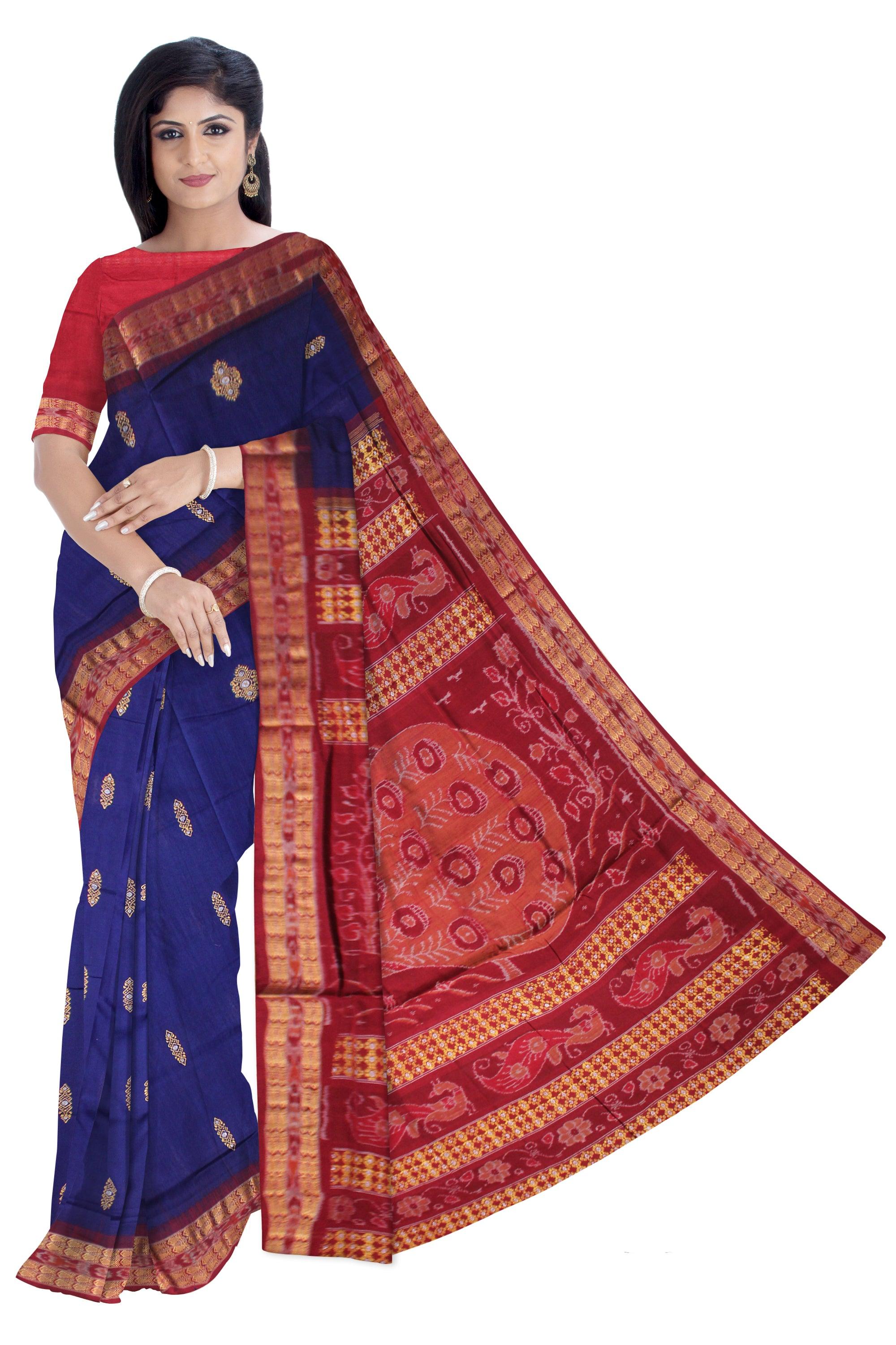 BLUE COLOR BOMKEI PATTERN COTTON SAREE,  ATTACHED WITH BLOUSE PIECE. - Koshali Arts & Crafts Enterprise