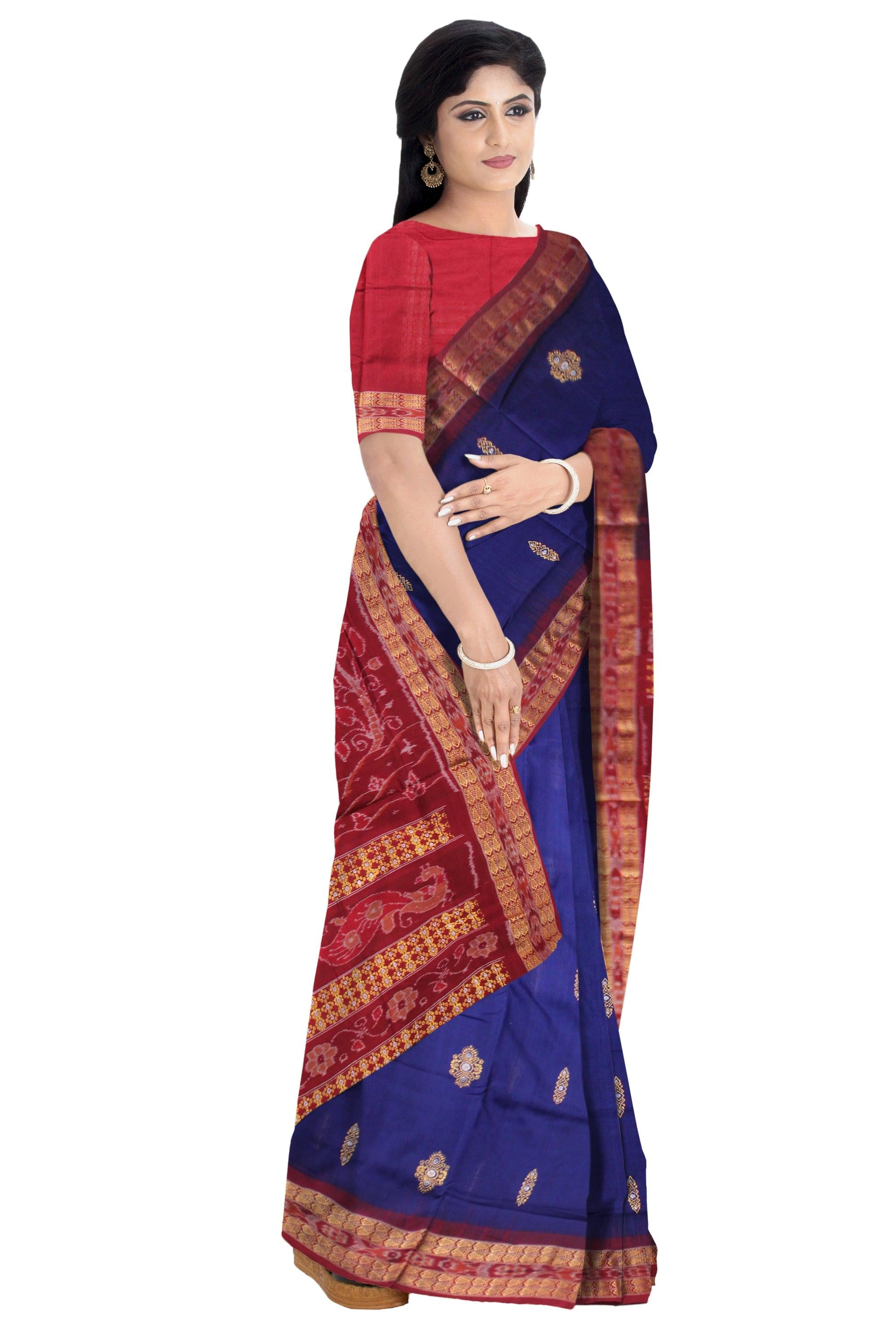 BLUE COLOR BOMKEI PATTERN COTTON SAREE,  ATTACHED WITH BLOUSE PIECE. - Koshali Arts & Crafts Enterprise