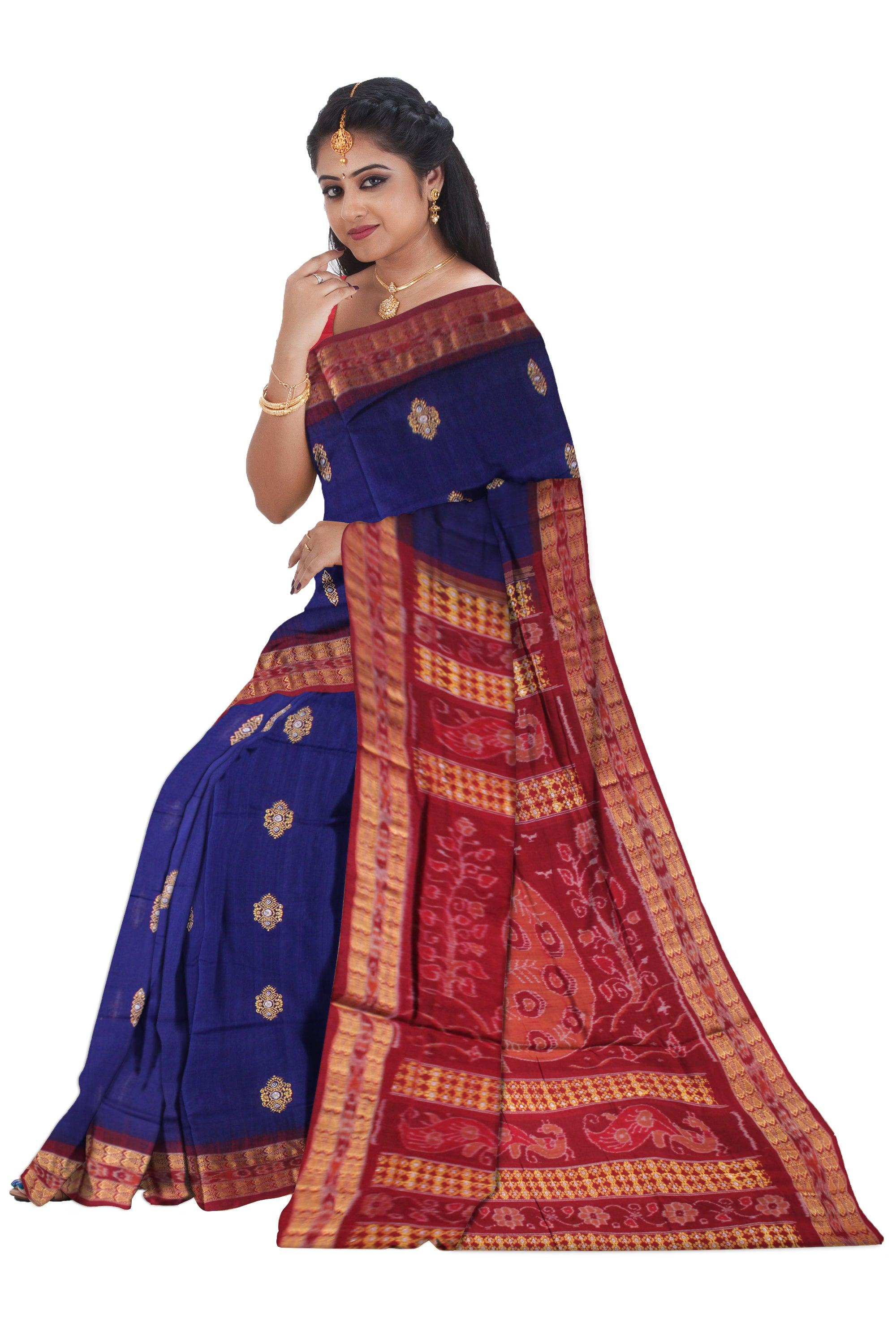 BLUE COLOR BOMKEI PATTERN COTTON SAREE,  ATTACHED WITH BLOUSE PIECE. - Koshali Arts & Crafts Enterprise