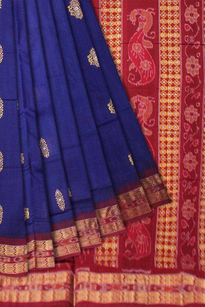 BLUE COLOR BOMKEI PATTERN COTTON SAREE,  ATTACHED WITH BLOUSE PIECE. - Koshali Arts & Crafts Enterprise