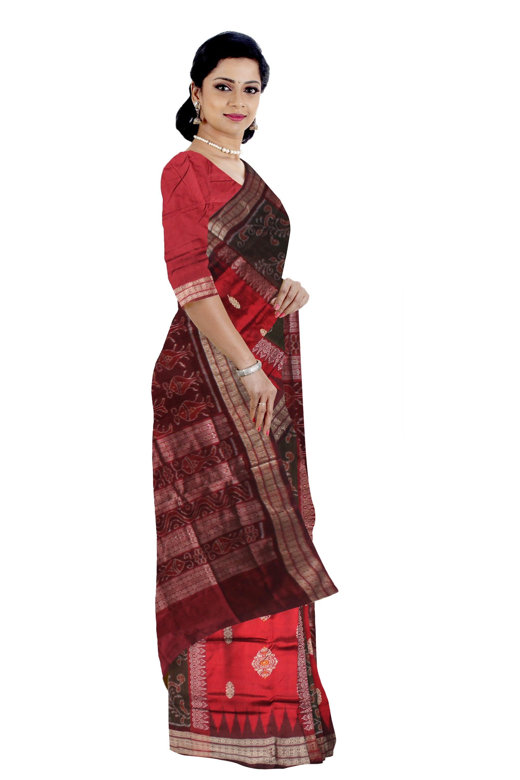YOUNG GENERATION  WEAR RED AND MAROON COLOR BOMKEI PATA SAREE , ATTACHED WITH BLOUSE PIECE. - Koshali Arts & Crafts Enterprise