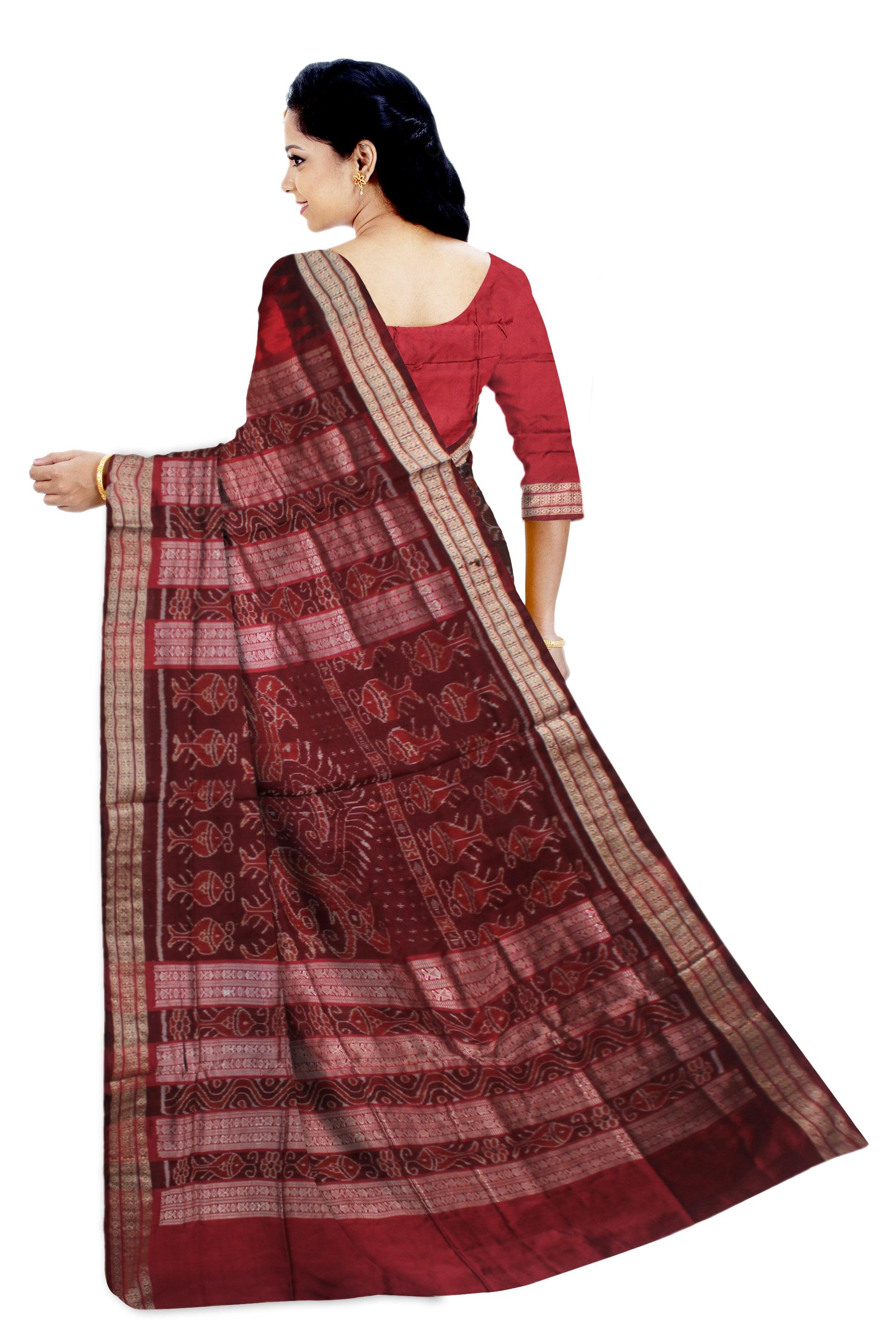 YOUNG GENERATION  WEAR RED AND MAROON COLOR BOMKEI PATA SAREE , ATTACHED WITH BLOUSE PIECE. - Koshali Arts & Crafts Enterprise