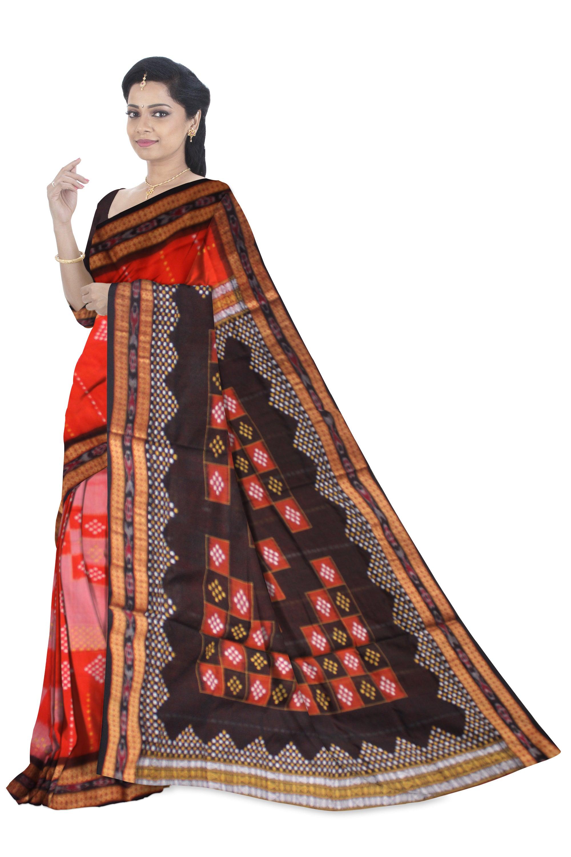 ORANGE AND BLACK COLOR BOX PATTERN PASAPALI  COTTON SAREE, ATTACHED WITH BLOUSE PIECE. - Koshali Arts & Crafts Enterprise