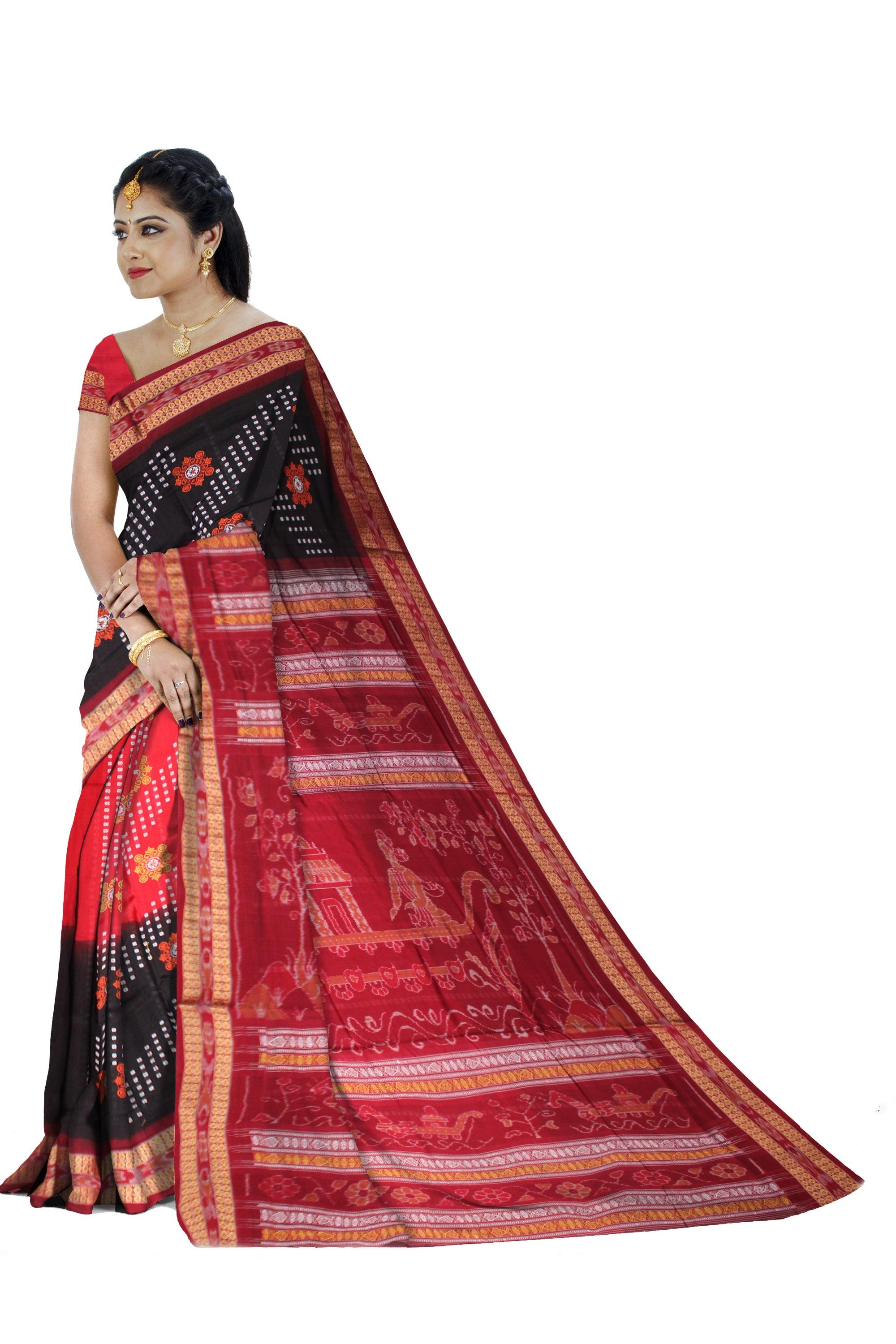 BLACK AND RED COLOR FLOWER PRINT  COTTON SAREE , WITH BLOUSE PIECE. - Koshali Arts & Crafts Enterprise