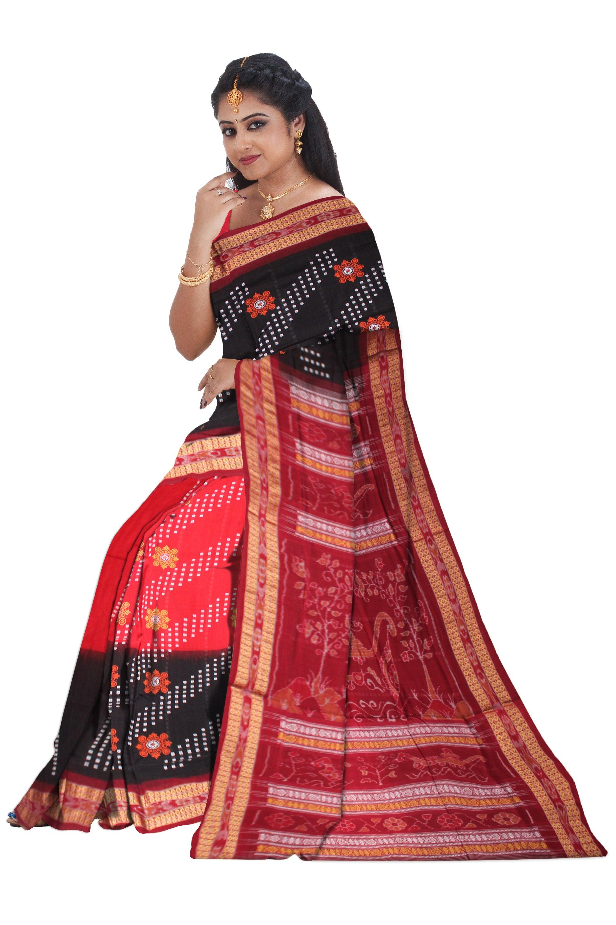 BLACK AND RED COLOR FLOWER PRINT  COTTON SAREE , WITH BLOUSE PIECE. - Koshali Arts & Crafts Enterprise