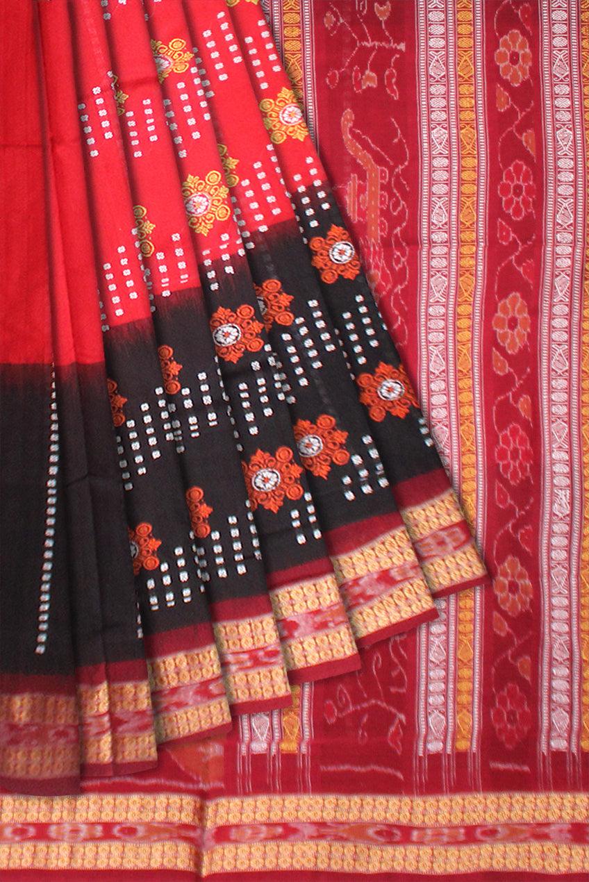 BLACK AND RED COLOR FLOWER PRINT  COTTON SAREE , WITH BLOUSE PIECE. - Koshali Arts & Crafts Enterprise