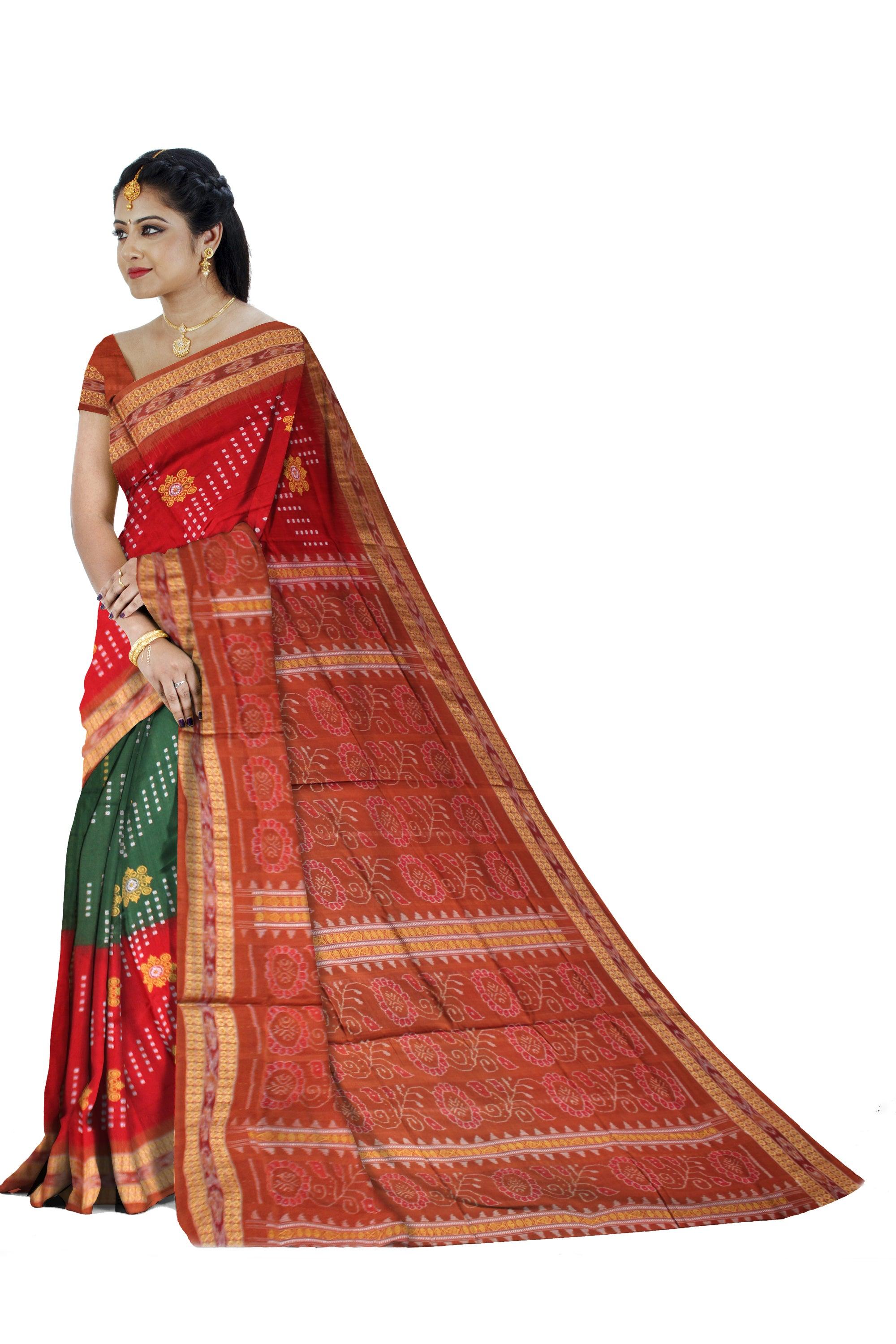 RED AND GREEN COLOR  TRADITIONAL FLOWER PATTERN COTTON SAREE , WITH BLOUSE PIECE. - Koshali Arts & Crafts Enterprise
