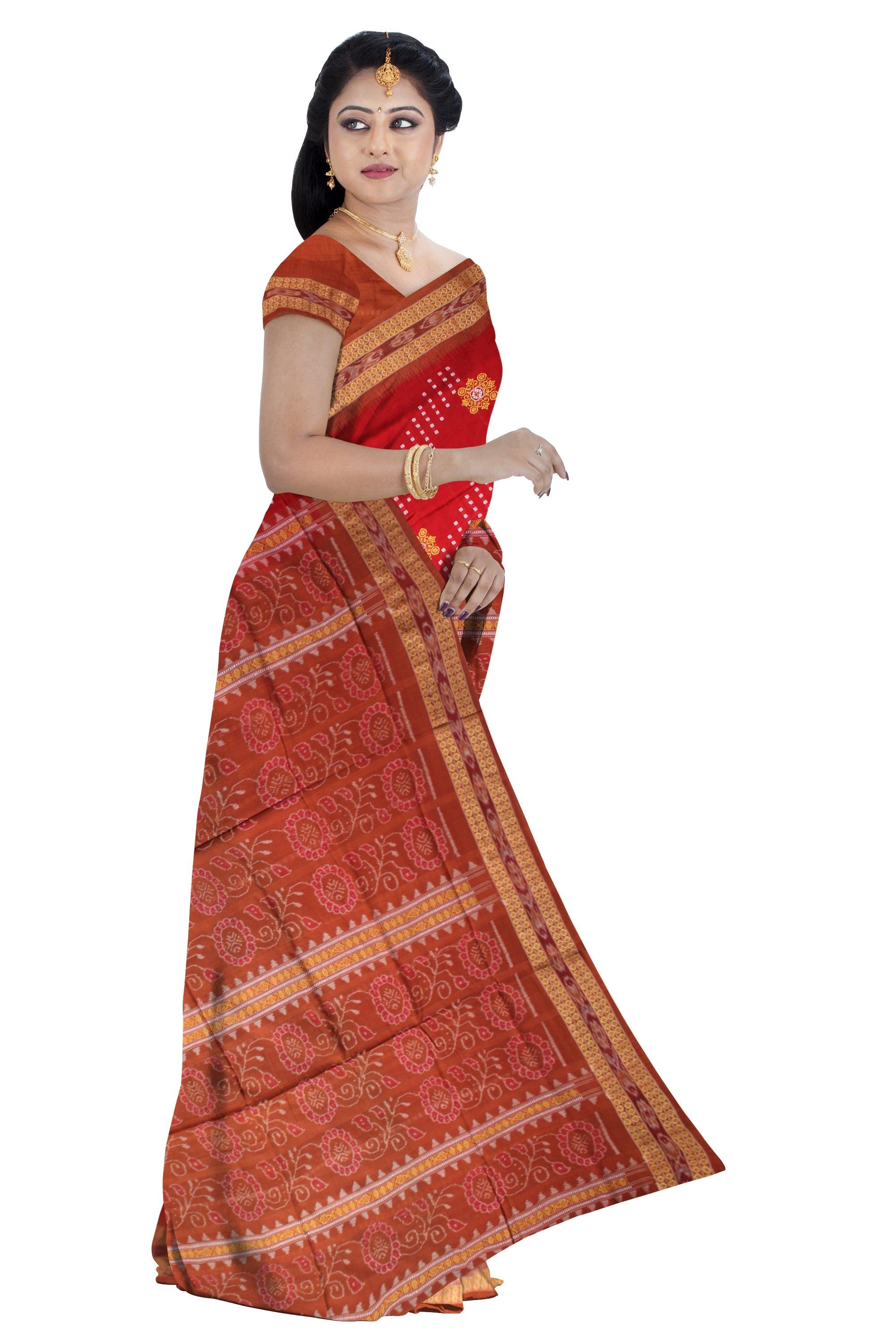 RED AND GREEN COLOR  TRADITIONAL FLOWER PATTERN COTTON SAREE , WITH BLOUSE PIECE. - Koshali Arts & Crafts Enterprise