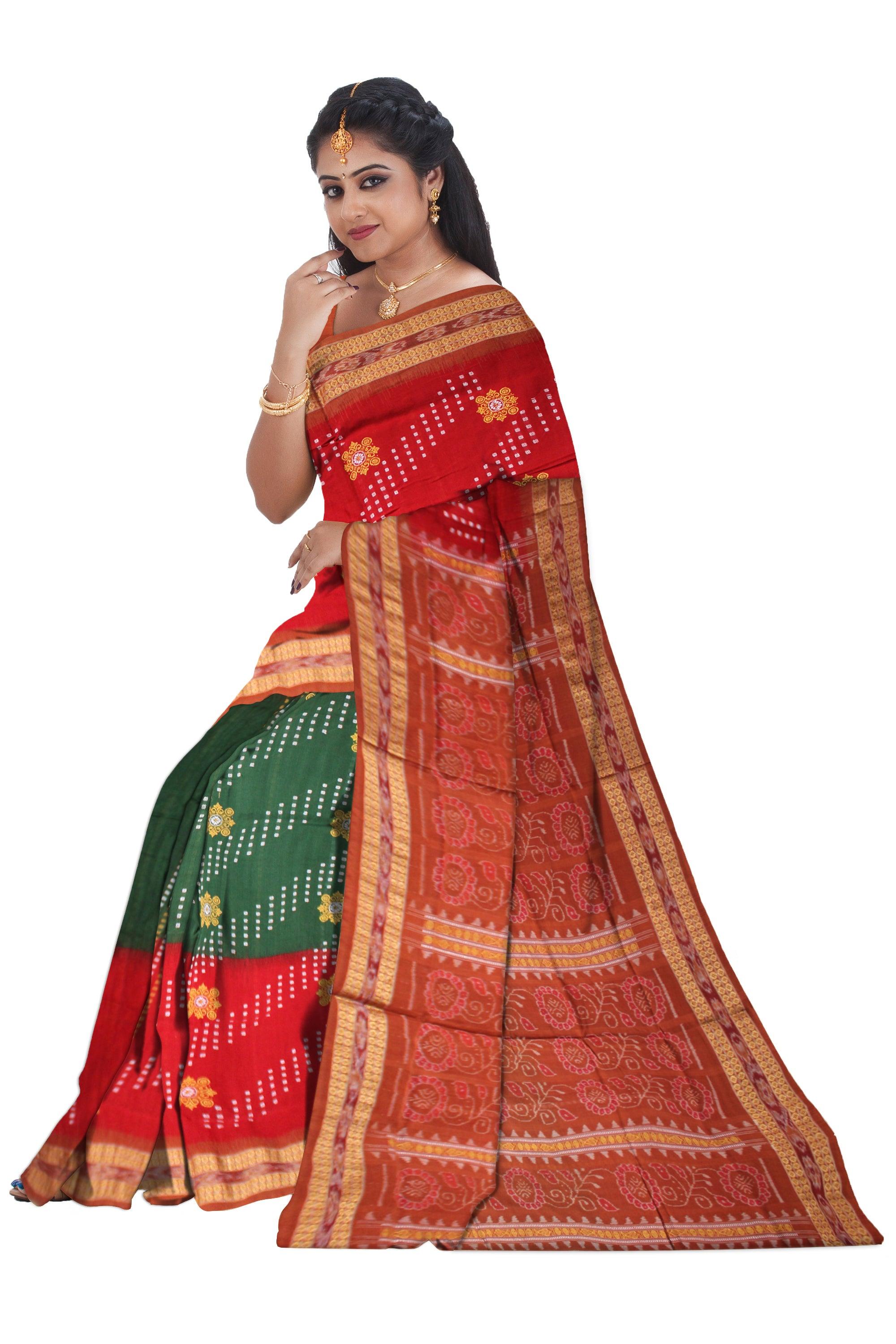 RED AND GREEN COLOR  TRADITIONAL FLOWER PATTERN COTTON SAREE , WITH BLOUSE PIECE. - Koshali Arts & Crafts Enterprise