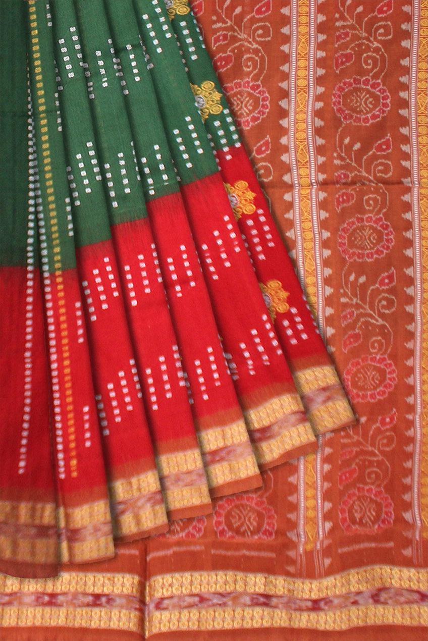 RED AND GREEN COLOR  TRADITIONAL FLOWER PATTERN COTTON SAREE , WITH BLOUSE PIECE. - Koshali Arts & Crafts Enterprise