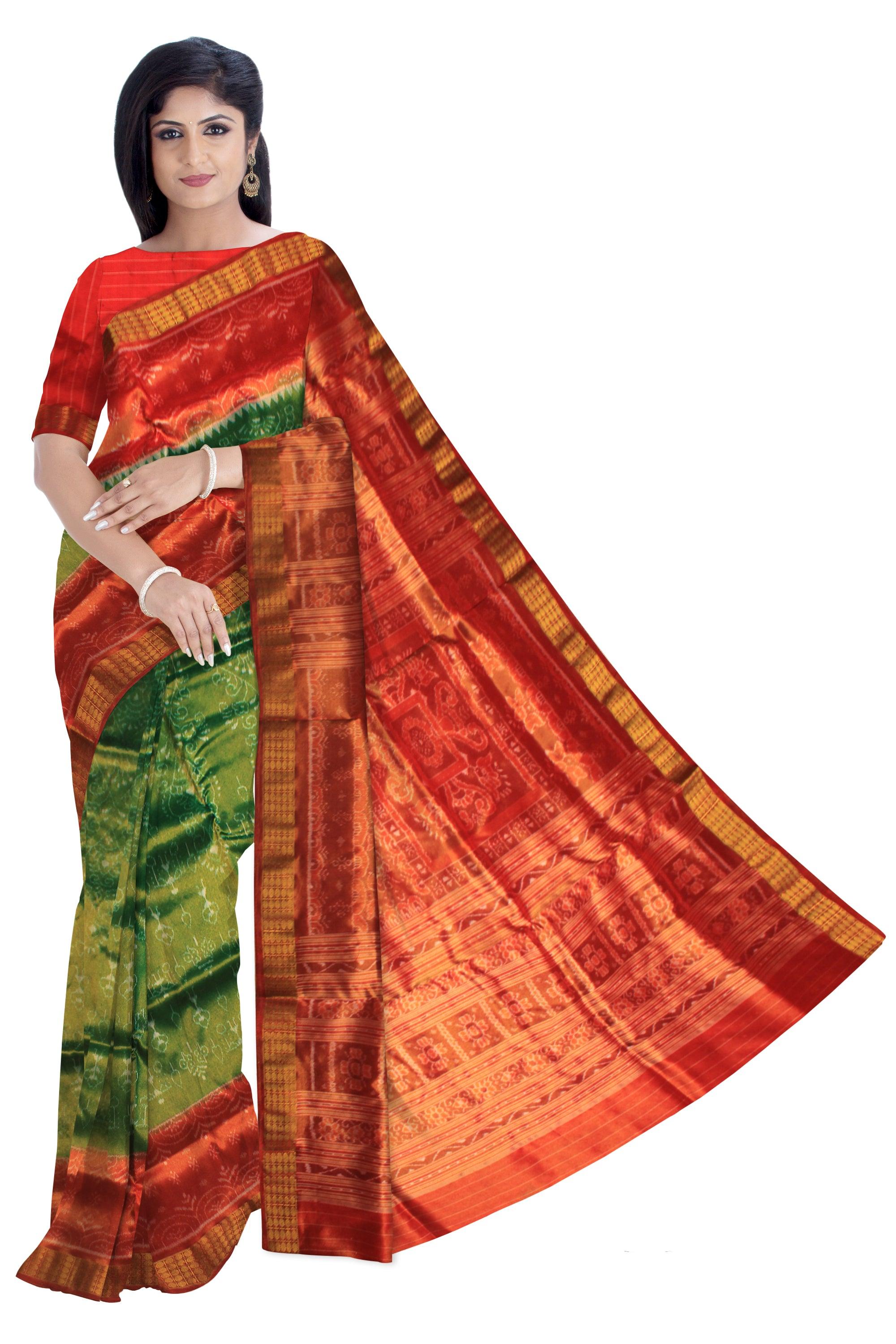 MARRIAGE COLLECTION GRREEN WITH RED PURE HANDWOVEN TISSUE SAREE WITH BLOUSE PIECE. - Koshali Arts & Crafts Enterprise