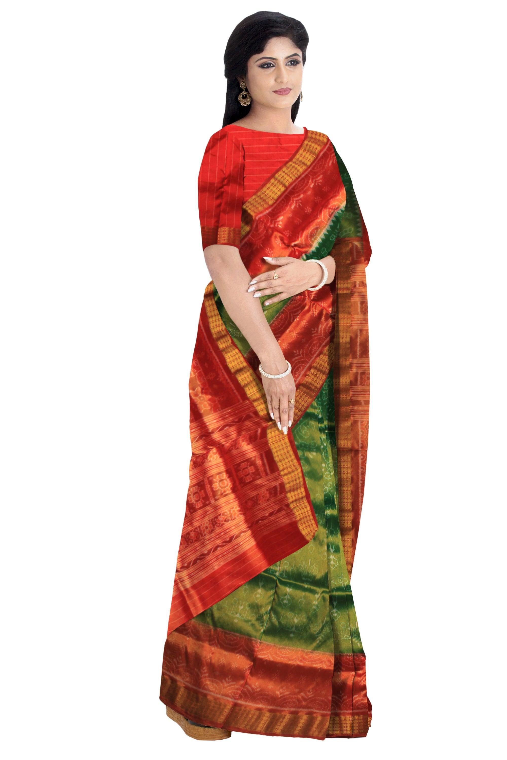 MARRIAGE COLLECTION GRREEN WITH RED PURE HANDWOVEN TISSUE SAREE WITH BLOUSE PIECE. - Koshali Arts & Crafts Enterprise