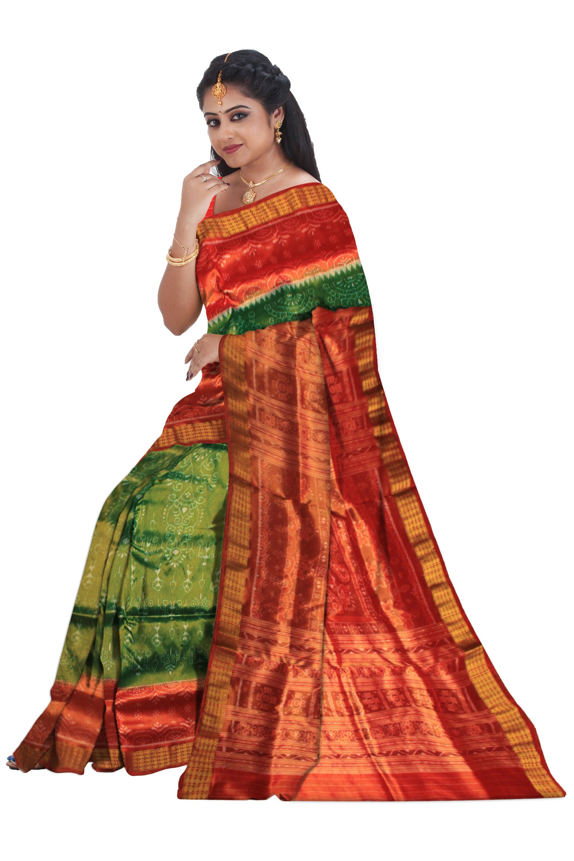 MARRIAGE COLLECTION GRREEN WITH RED PURE HANDWOVEN TISSUE SAREE WITH BLOUSE PIECE. - Koshali Arts & Crafts Enterprise