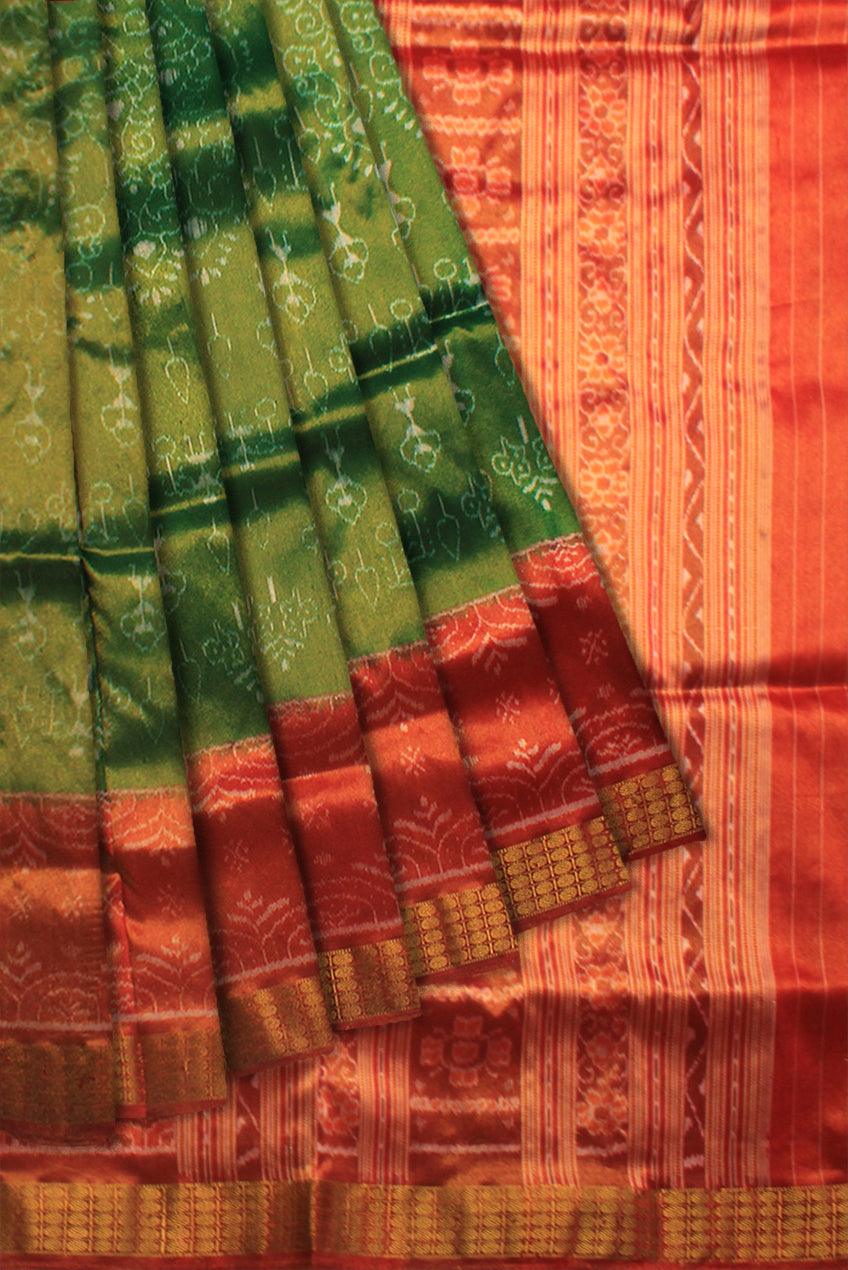 MARRIAGE COLLECTION GRREEN WITH RED PURE HANDWOVEN TISSUE SAREE WITH BLOUSE PIECE. - Koshali Arts & Crafts Enterprise