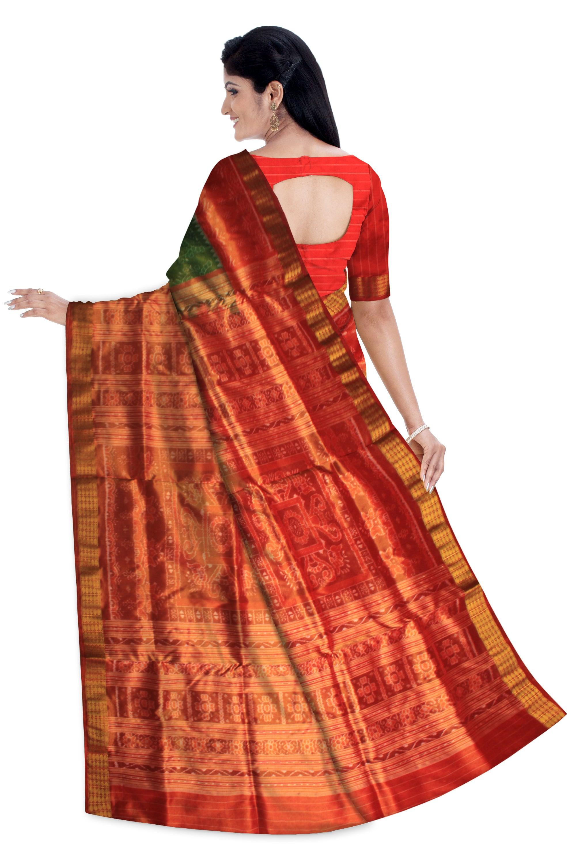 MARRIAGE COLLECTION GRREEN WITH RED PURE HANDWOVEN TISSUE SAREE WITH BLOUSE PIECE. - Koshali Arts & Crafts Enterprise
