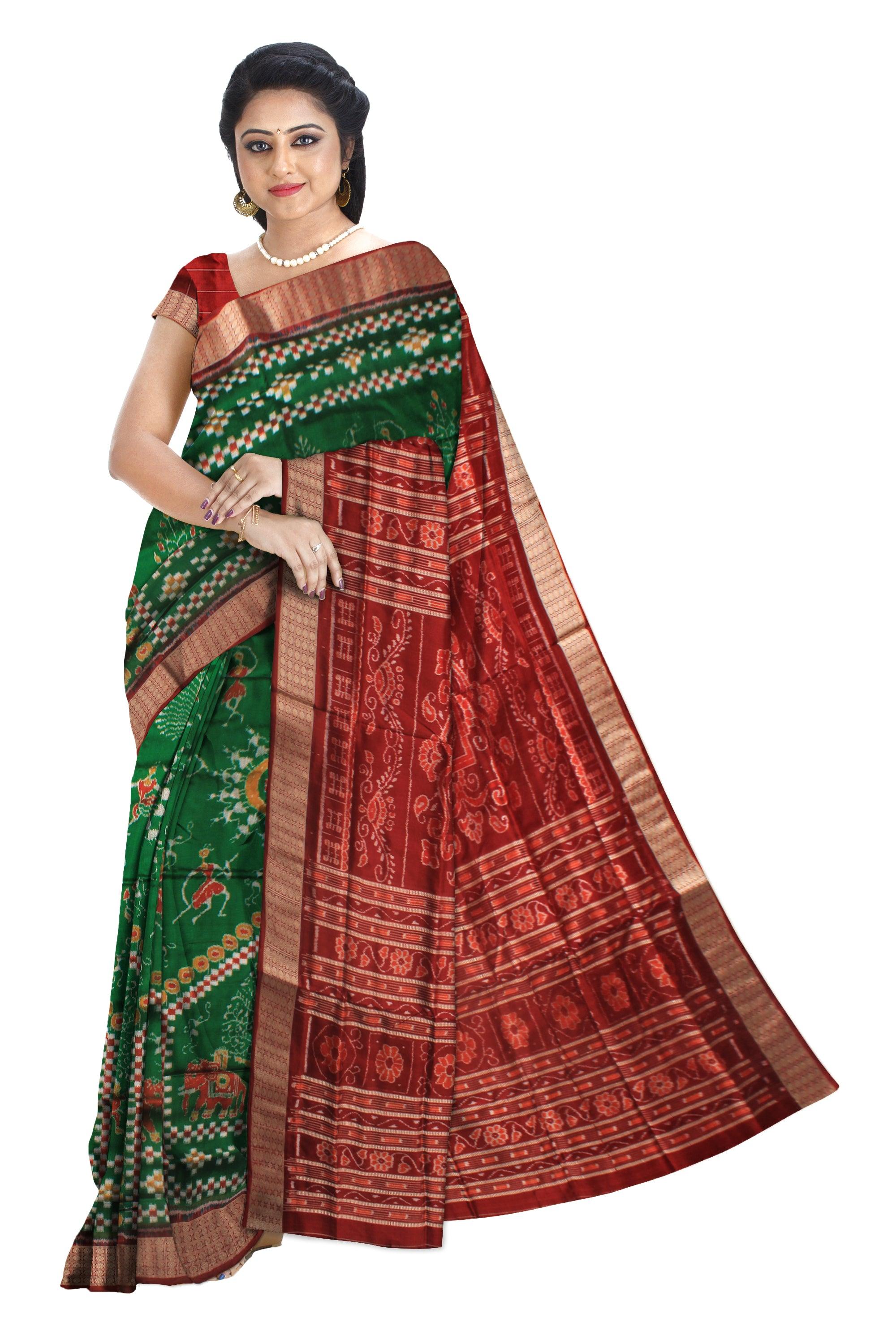 ROYAL ELEPHANT AND TERRACOTTA PATTERN PURE PATA SAREE  IN DEEP GREEN AND MAROON COLOR, ATTACHED WITH BLOUSE PIECE. - Koshali Arts & Crafts Enterprise