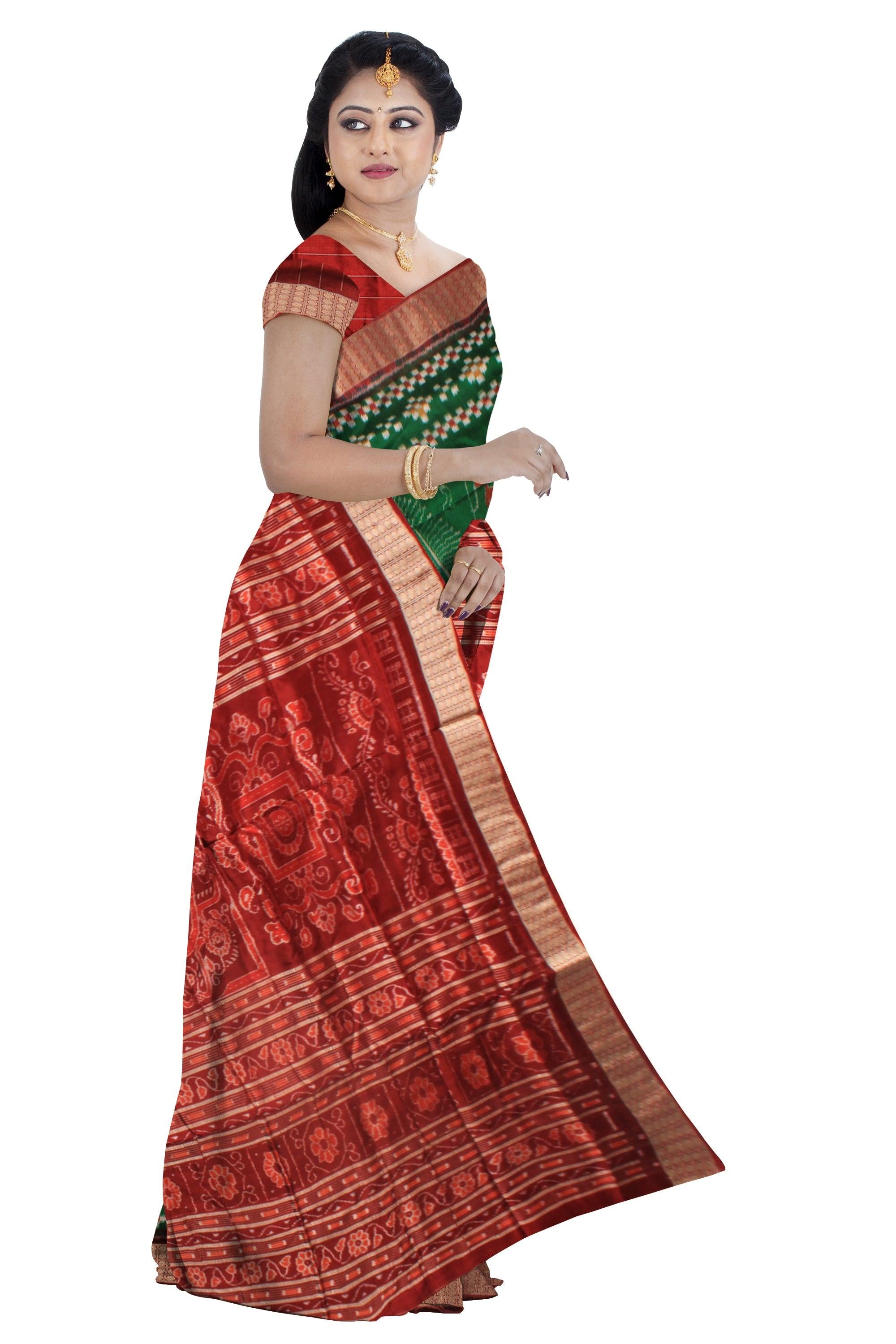 ROYAL ELEPHANT AND TERRACOTTA PATTERN PURE PATA SAREE  IN DEEP GREEN AND MAROON COLOR, ATTACHED WITH BLOUSE PIECE. - Koshali Arts & Crafts Enterprise