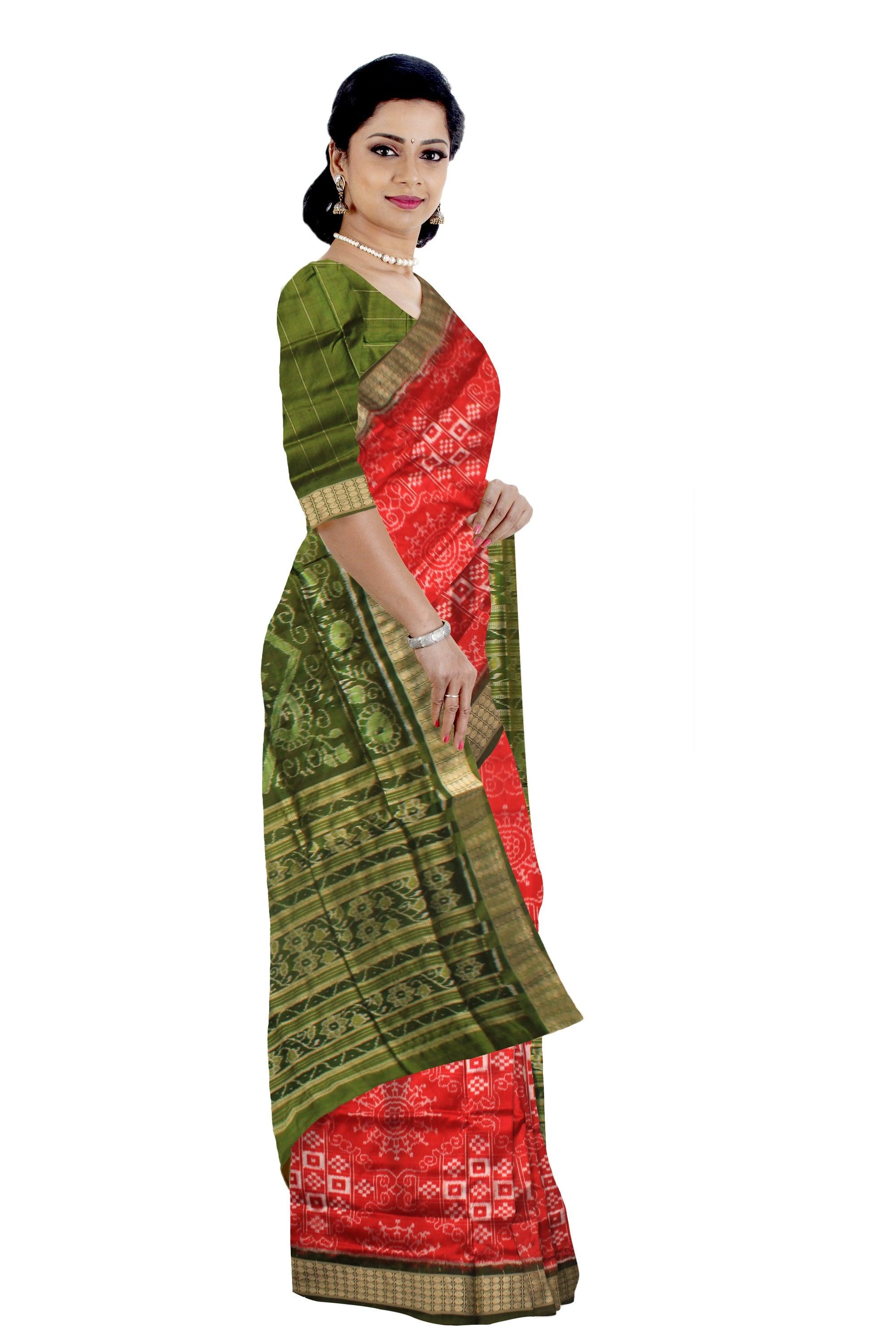 LATEST DESIGN TERRACOTTA WITH PASAPALI  DESIGN PURE SILK SAREE IN RED AND MEHENDI COLOR , COMES WITH BLOUSE PIECE. - Koshali Arts & Crafts Enterprise