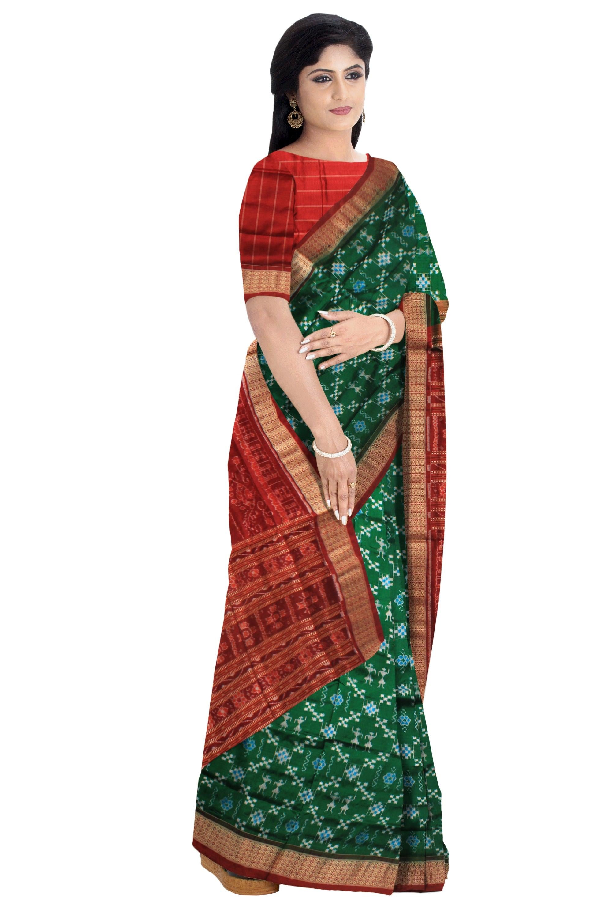 SMALL TERRACOTTA AND PASAPALI PATTERN PURE SILK SAREE IN DEEP GREEN AND RED COLOR , ATTACHED WITH BLOUSE PIECE. - Koshali Arts & Crafts Enterprise