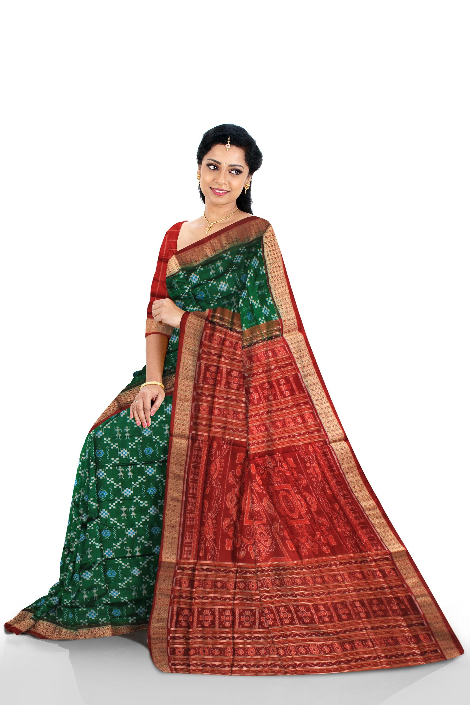 SMALL TERRACOTTA AND PASAPALI PATTERN PURE SILK SAREE IN DEEP GREEN AND RED COLOR , ATTACHED WITH BLOUSE PIECE. - Koshali Arts & Crafts Enterprise